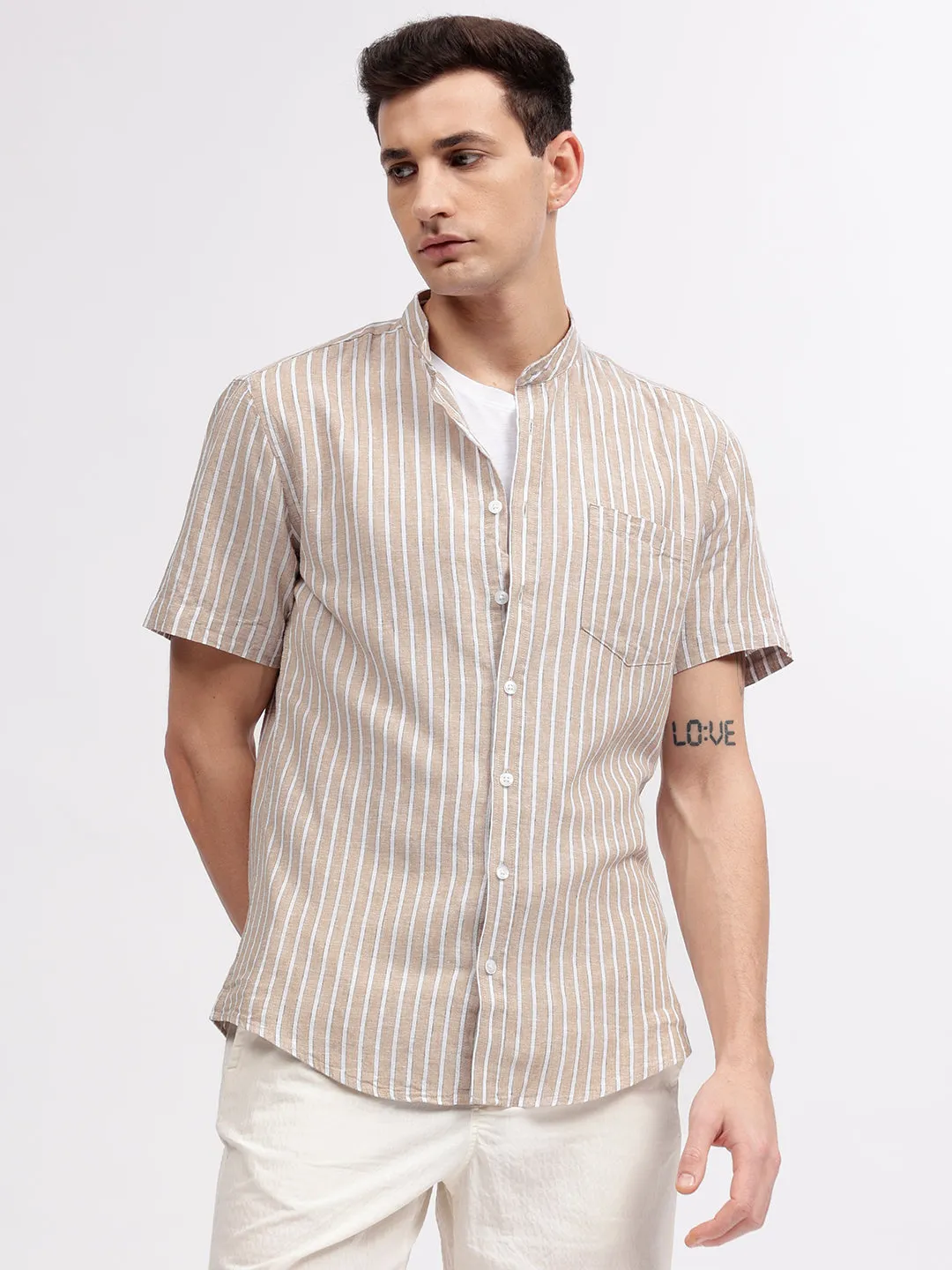 Lindbergh Men Beige Striped Band Collar Short Sleeves Shirt