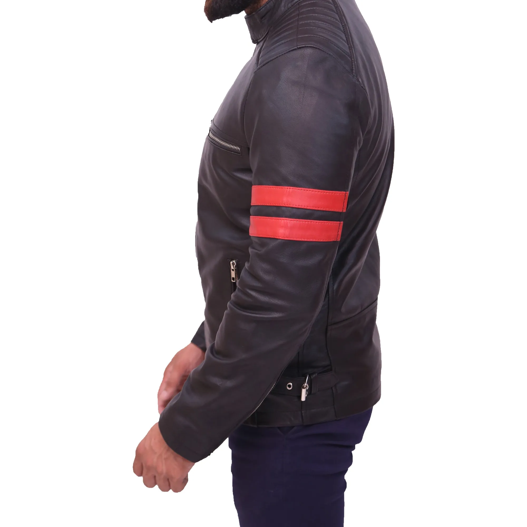 Men's Black Cafe Racer Red Strip Lambskin Leather Jacket