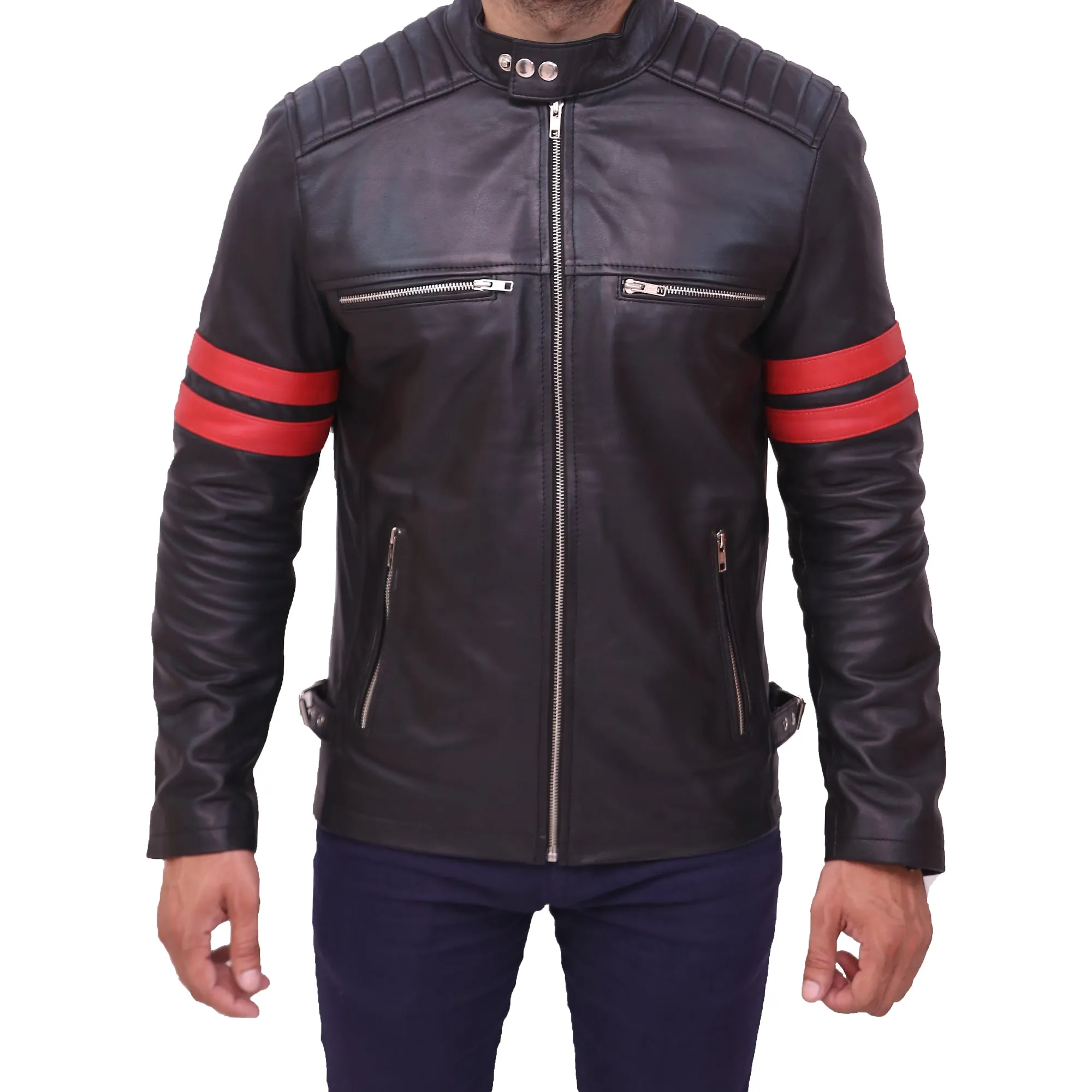 Men's Black Cafe Racer Red Strip Lambskin Leather Jacket