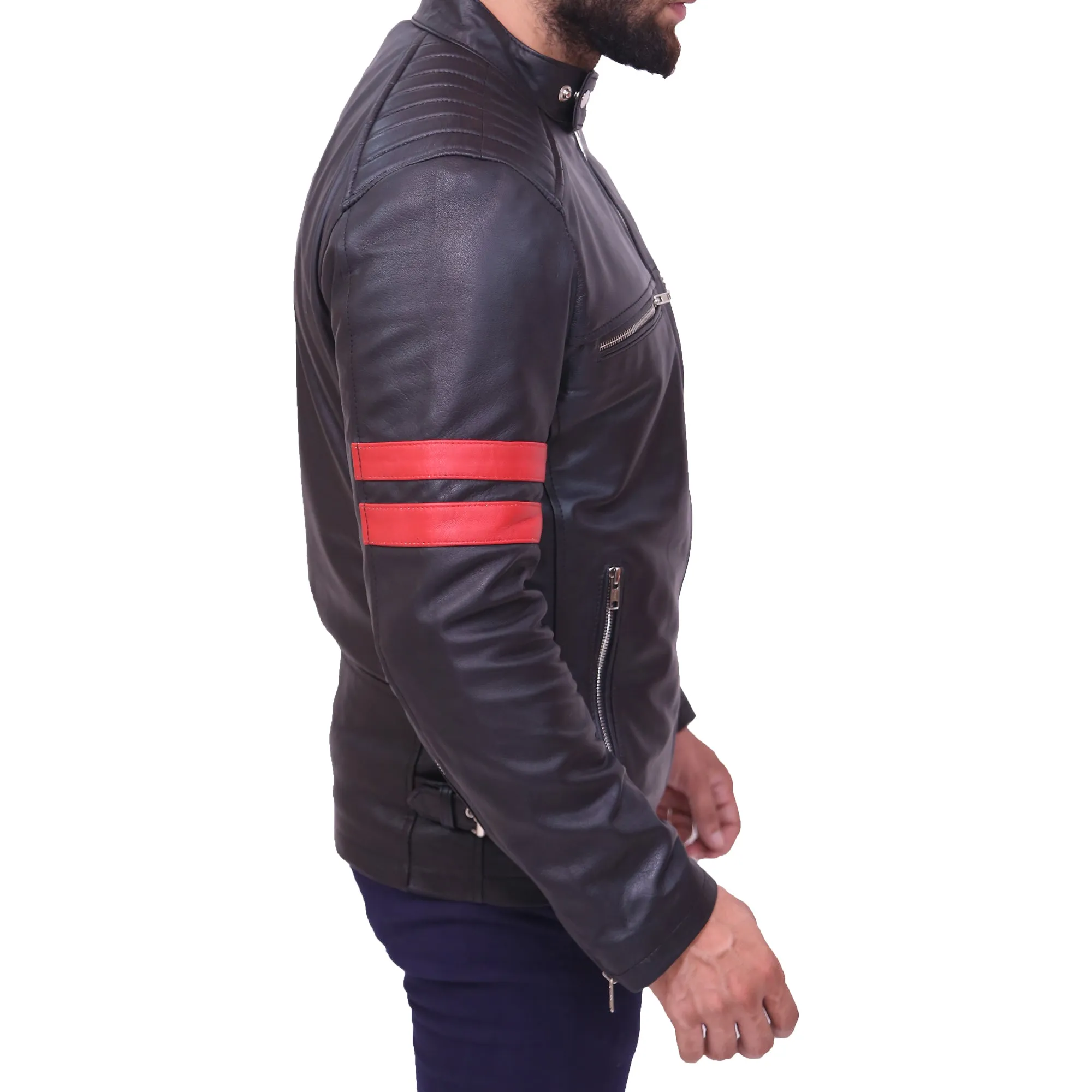 Men's Black Cafe Racer Red Strip Lambskin Leather Jacket