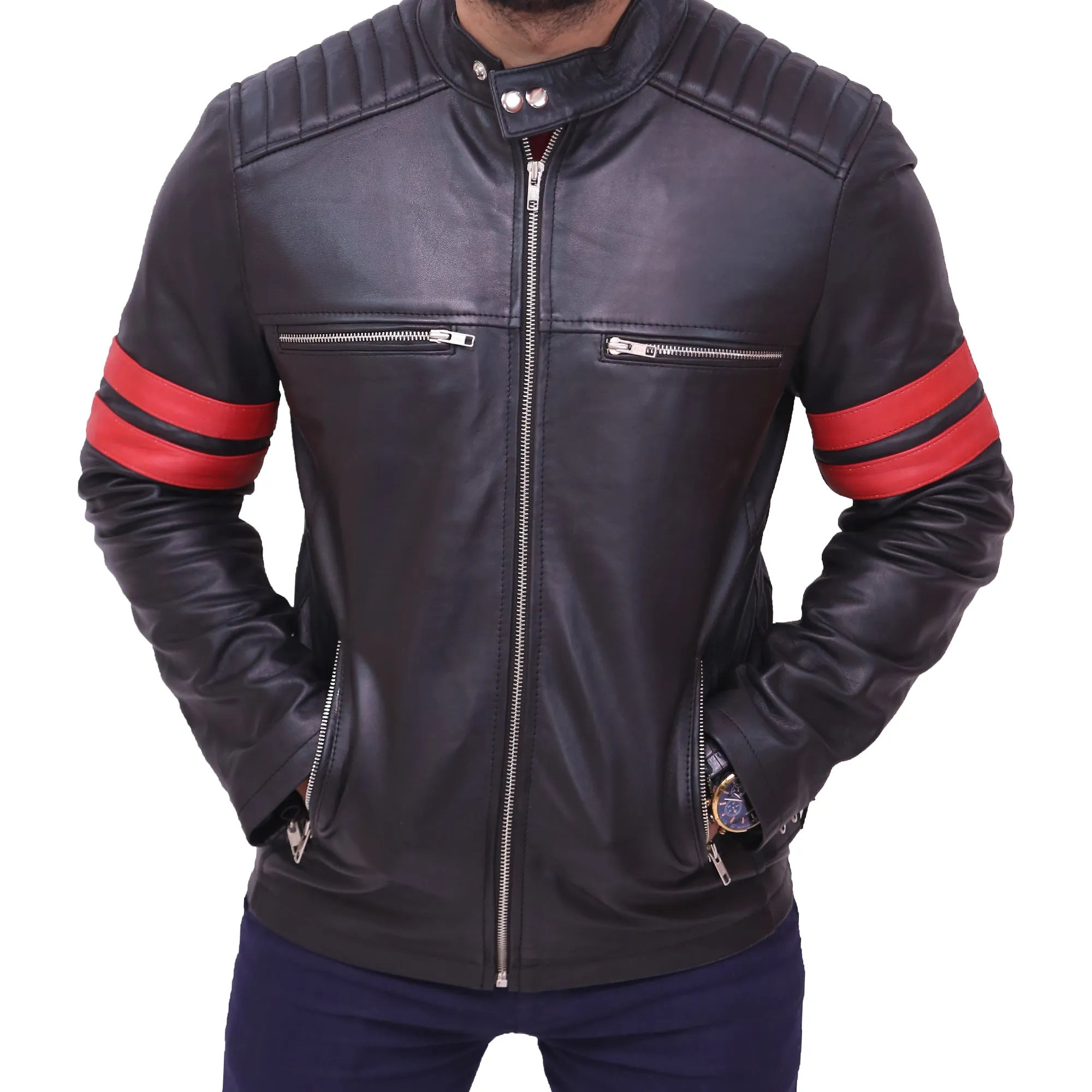 Men's Black Cafe Racer Red Strip Lambskin Leather Jacket