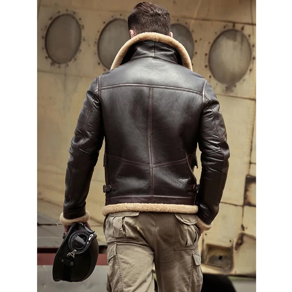 Mens Brown B3 Flight Sheepskin Shearling Leather Jacket Coat