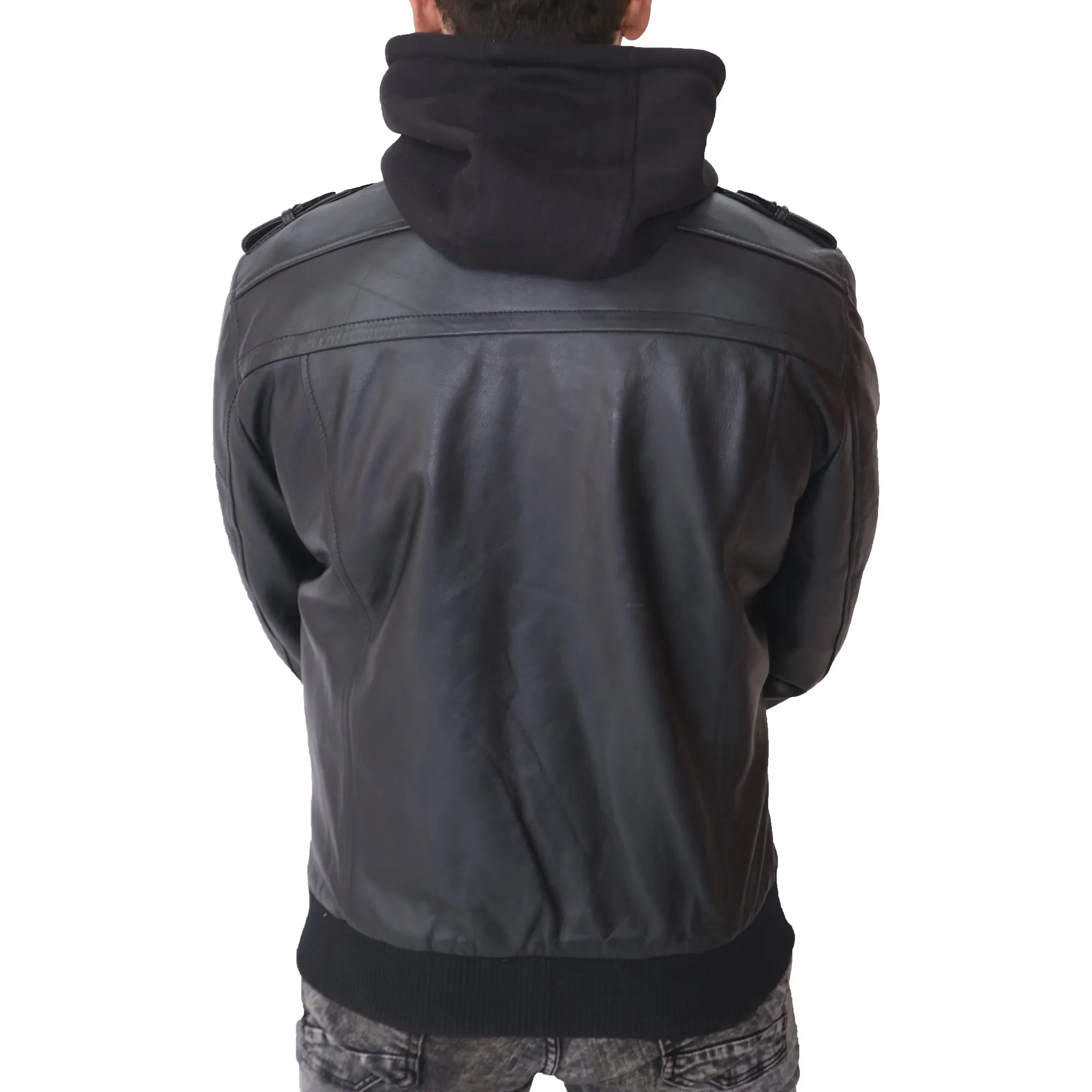 Mens Removable Hood Leather Jacket