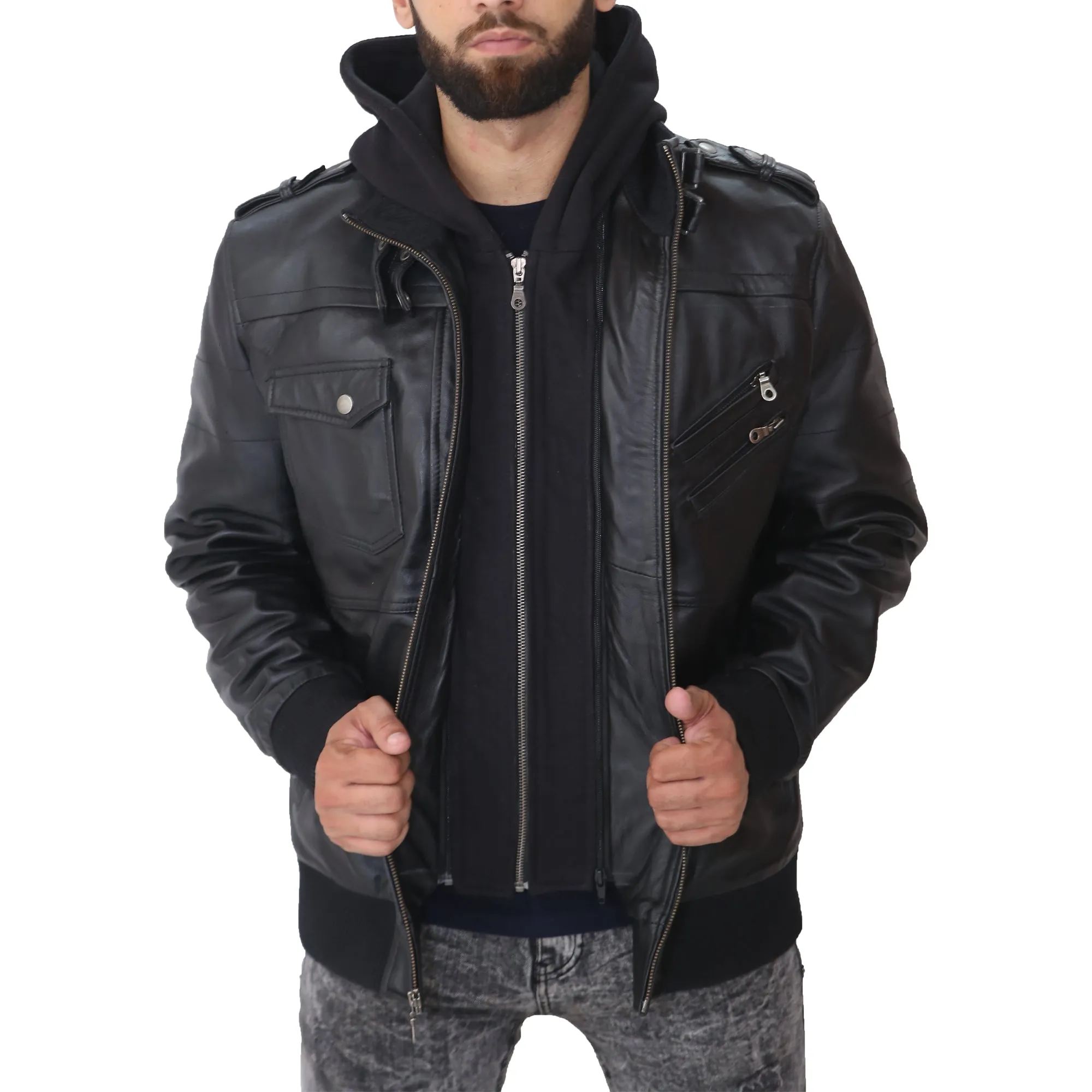 Mens Removable Hood Leather Jacket