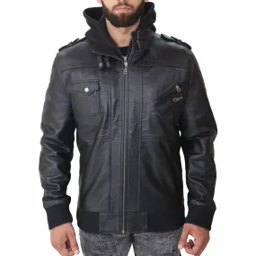 Mens Removable Hood Leather Jacket