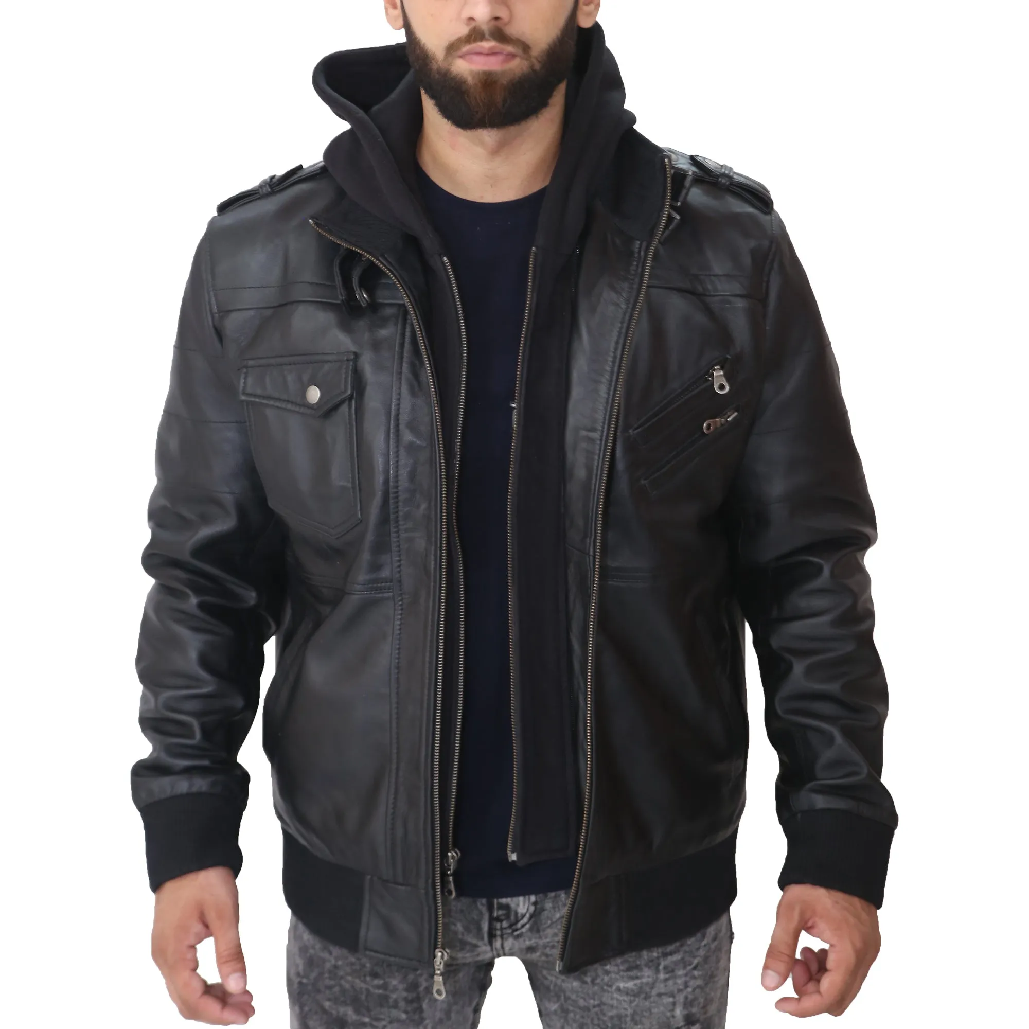 Mens Removable Hood Leather Jacket