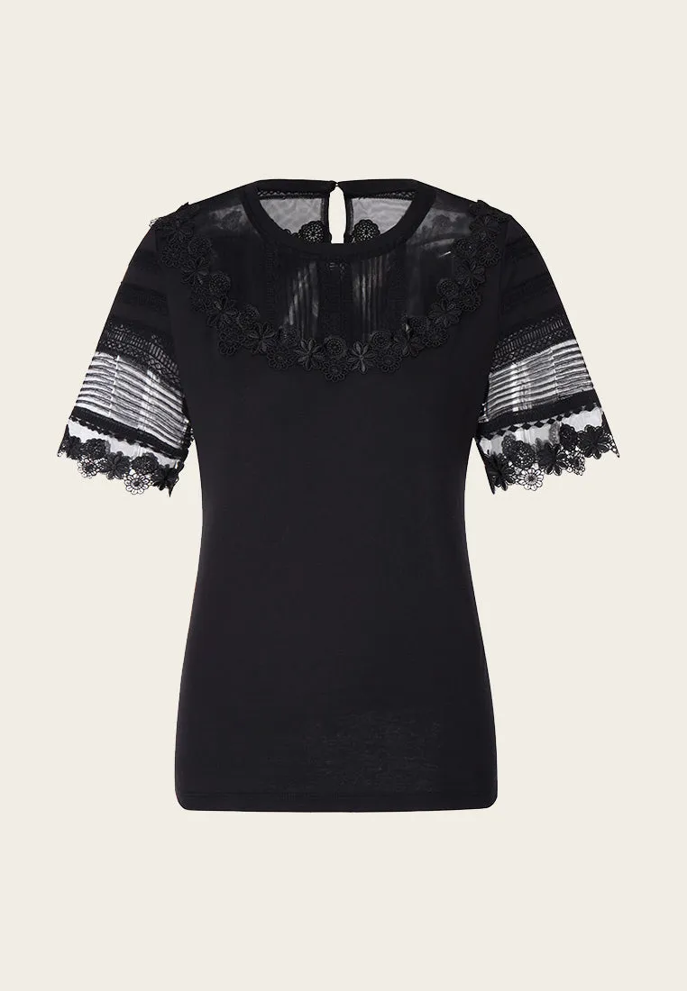 Mesh Mix Lace Detailing Black T-shirt