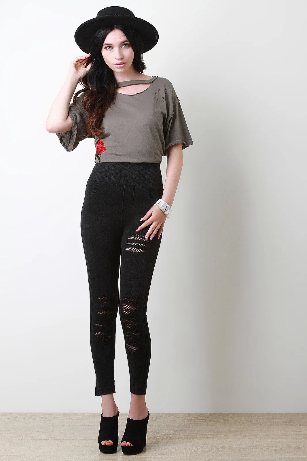 Mineral Wash Distressed Fishnet Insert Leggings