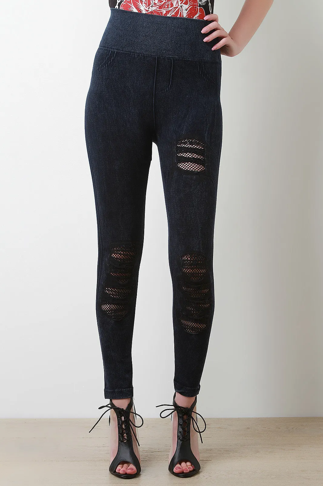 Mineral Wash Distressed Fishnet Insert Leggings