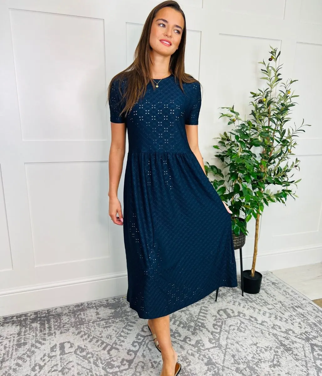 Navy Broderie Anglaise Stretch Midi Dress