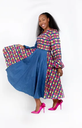 Olachi Denim African Print Combo Flared Midi Dress