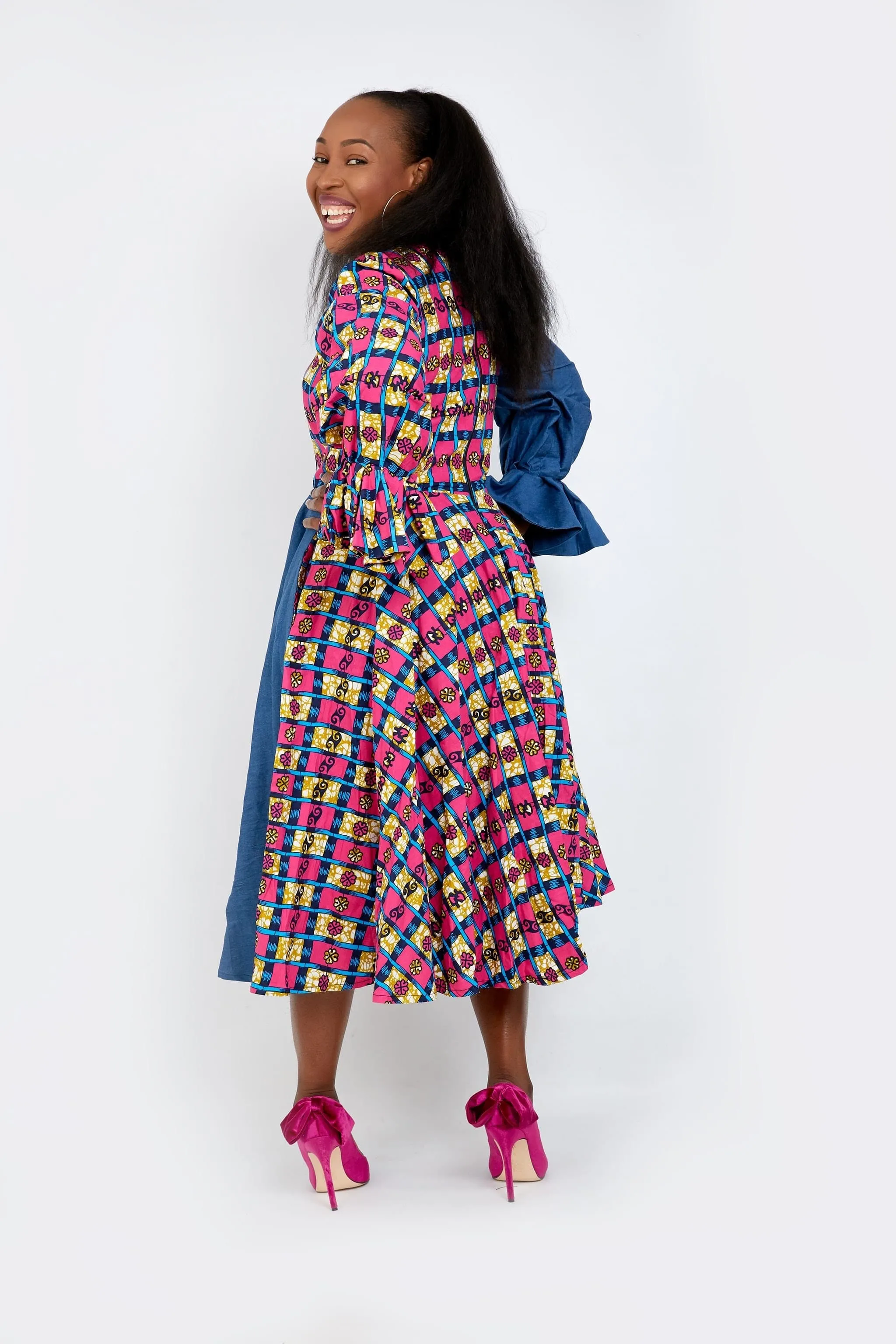 Olachi Denim African Print Combo Flared Midi Dress