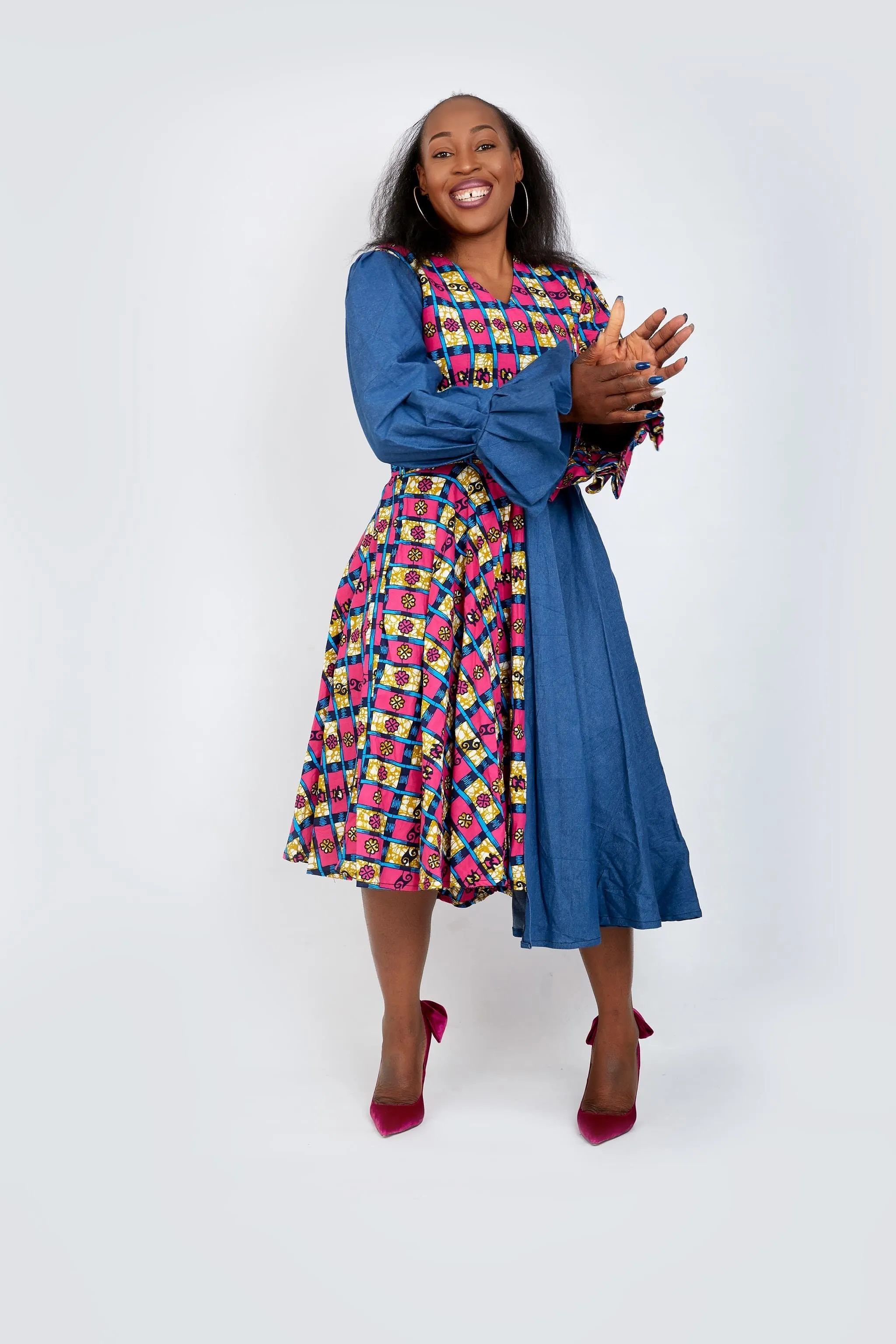 Olachi Denim African Print Combo Flared Midi Dress