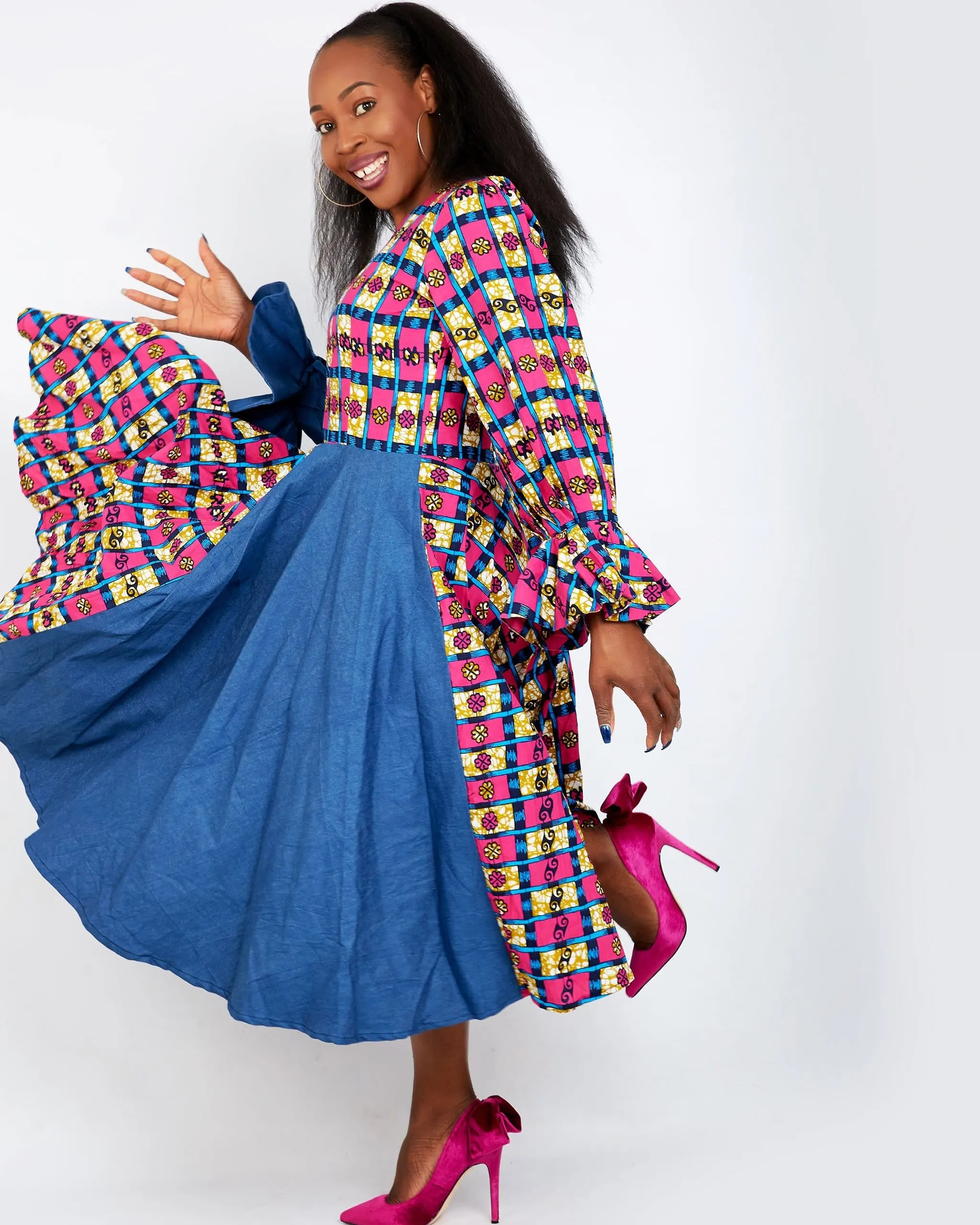 Olachi Denim African Print Combo Flared Midi Dress