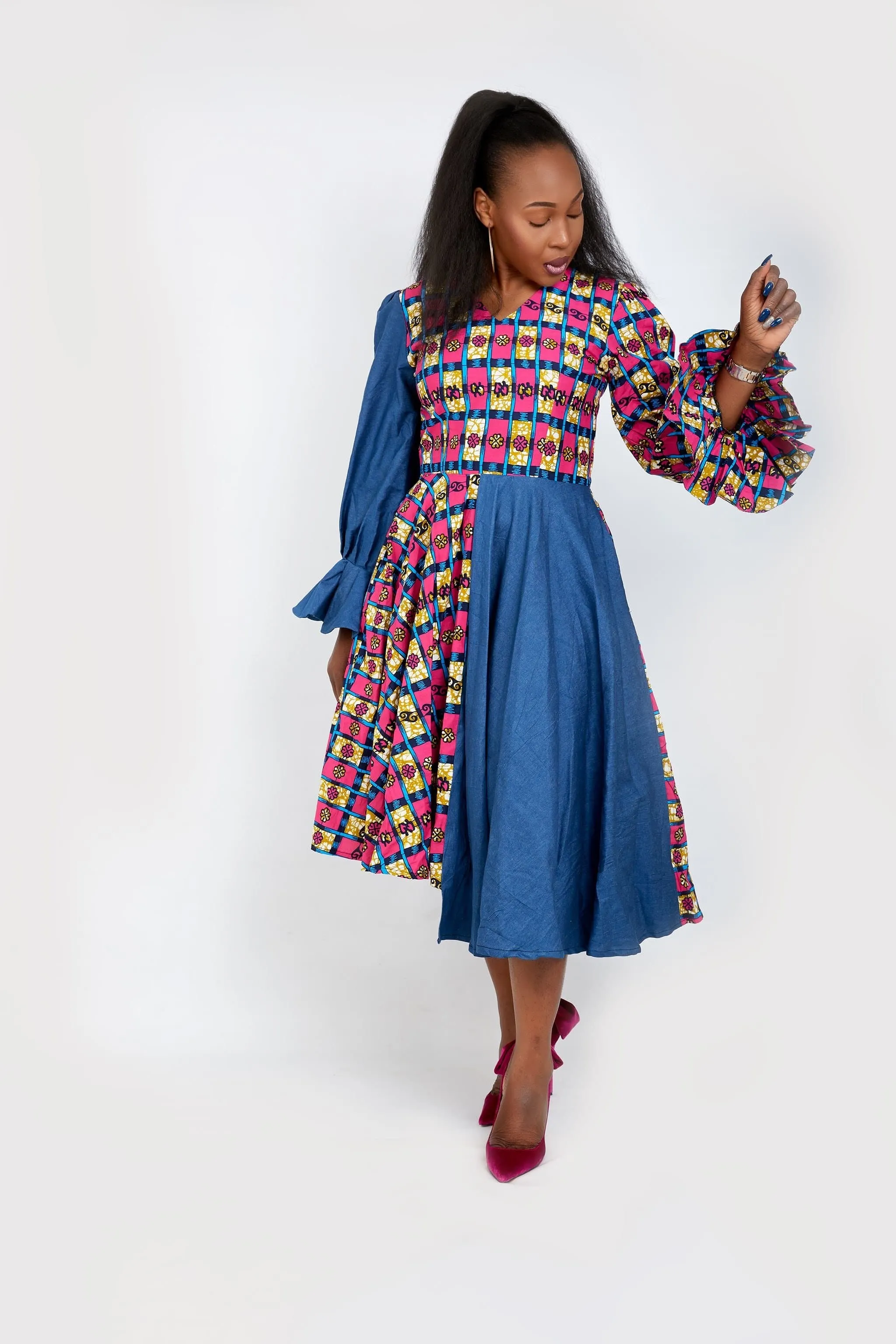 Olachi Denim African Print Combo Flared Midi Dress