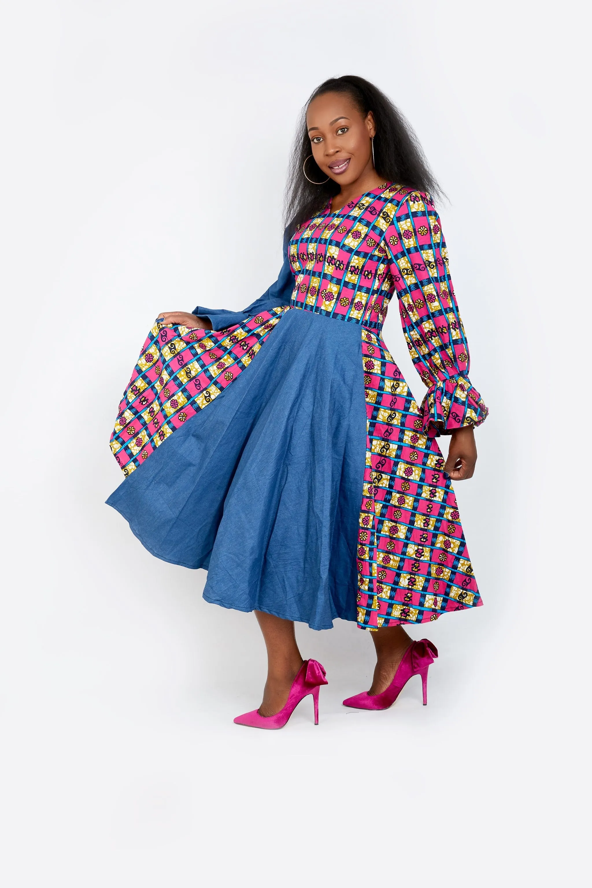 Olachi Denim African Print Combo Flared Midi Dress