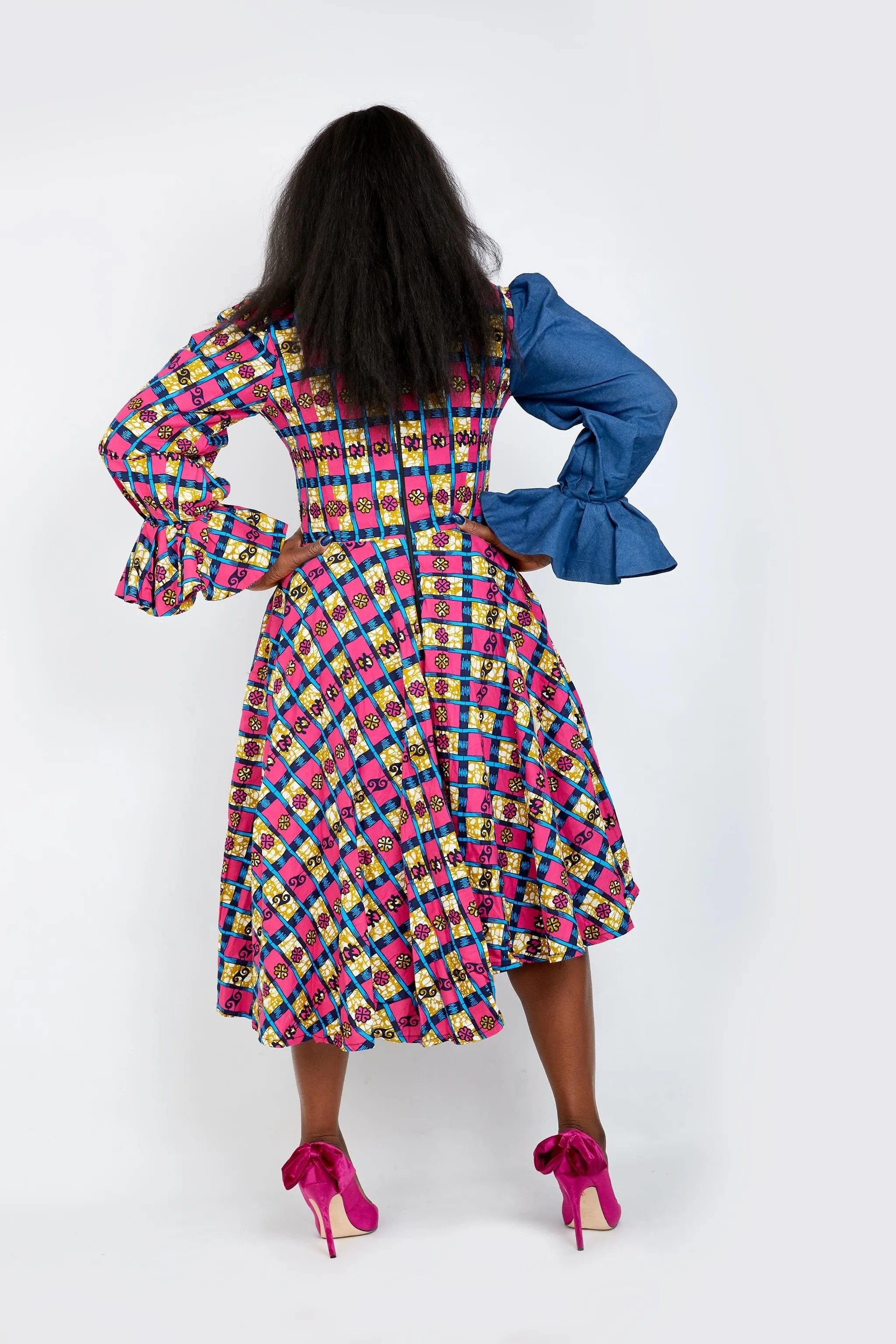 Olachi Denim African Print Combo Flared Midi Dress