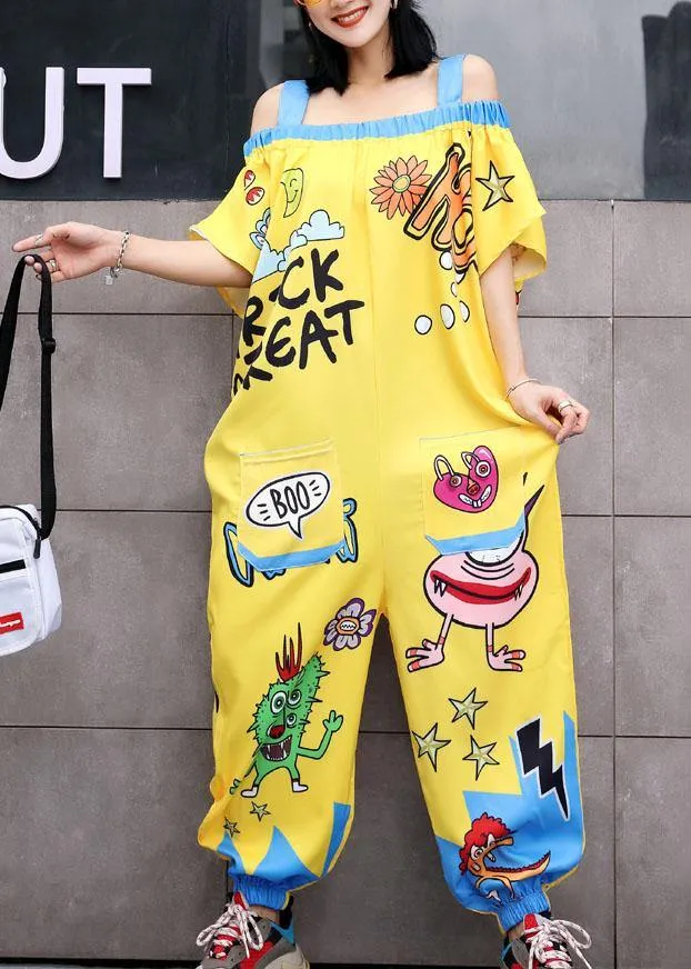 oversize summer women cotton Slash neck jumpsuit pants casual prints short sleeve jumppsuit pants