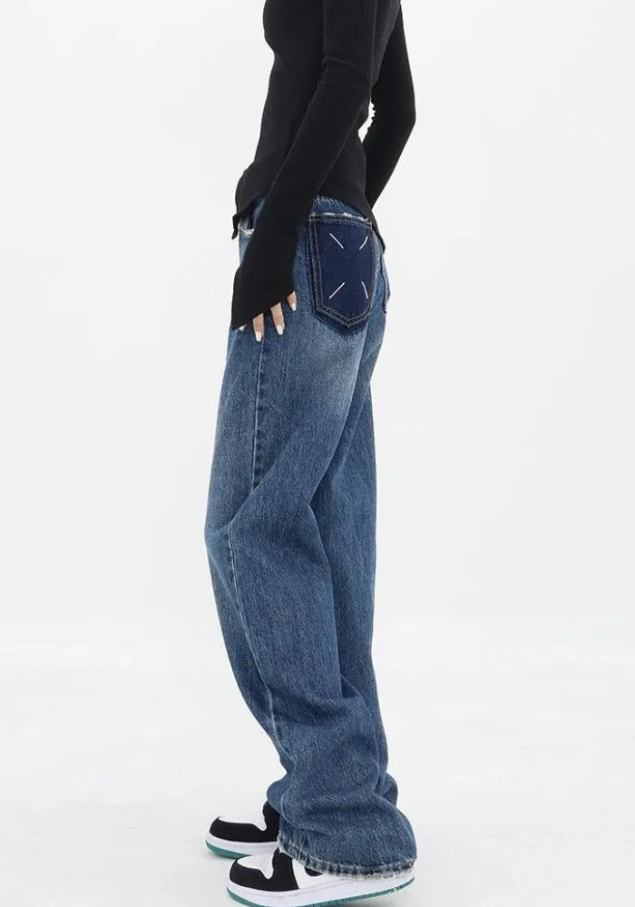 Patch Pocket Straight Leg Denim Jeans