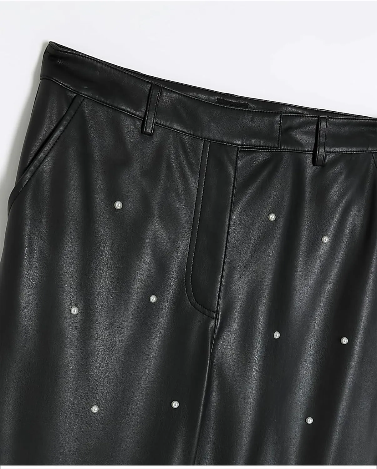 Pearl Embellished Black Faux Leather Pants