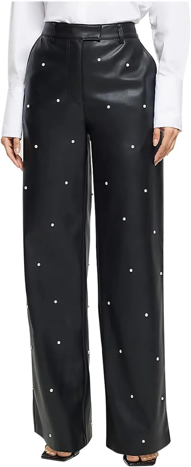 Pearl Embellished Black Faux Leather Pants