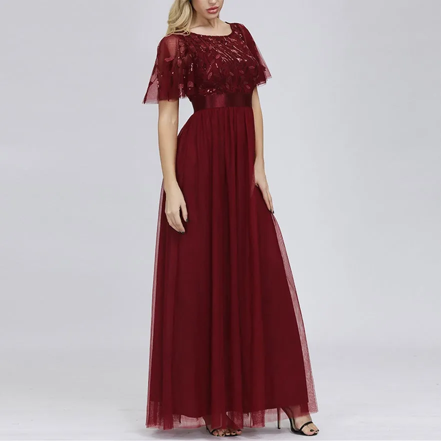 Premium sequins short sleeves flare maxi dress | Evening gowns party A line long dress