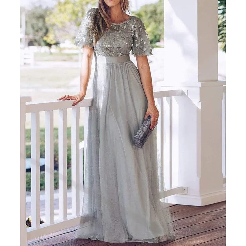 Premium sequins short sleeves flare maxi dress | Evening gowns party A line long dress