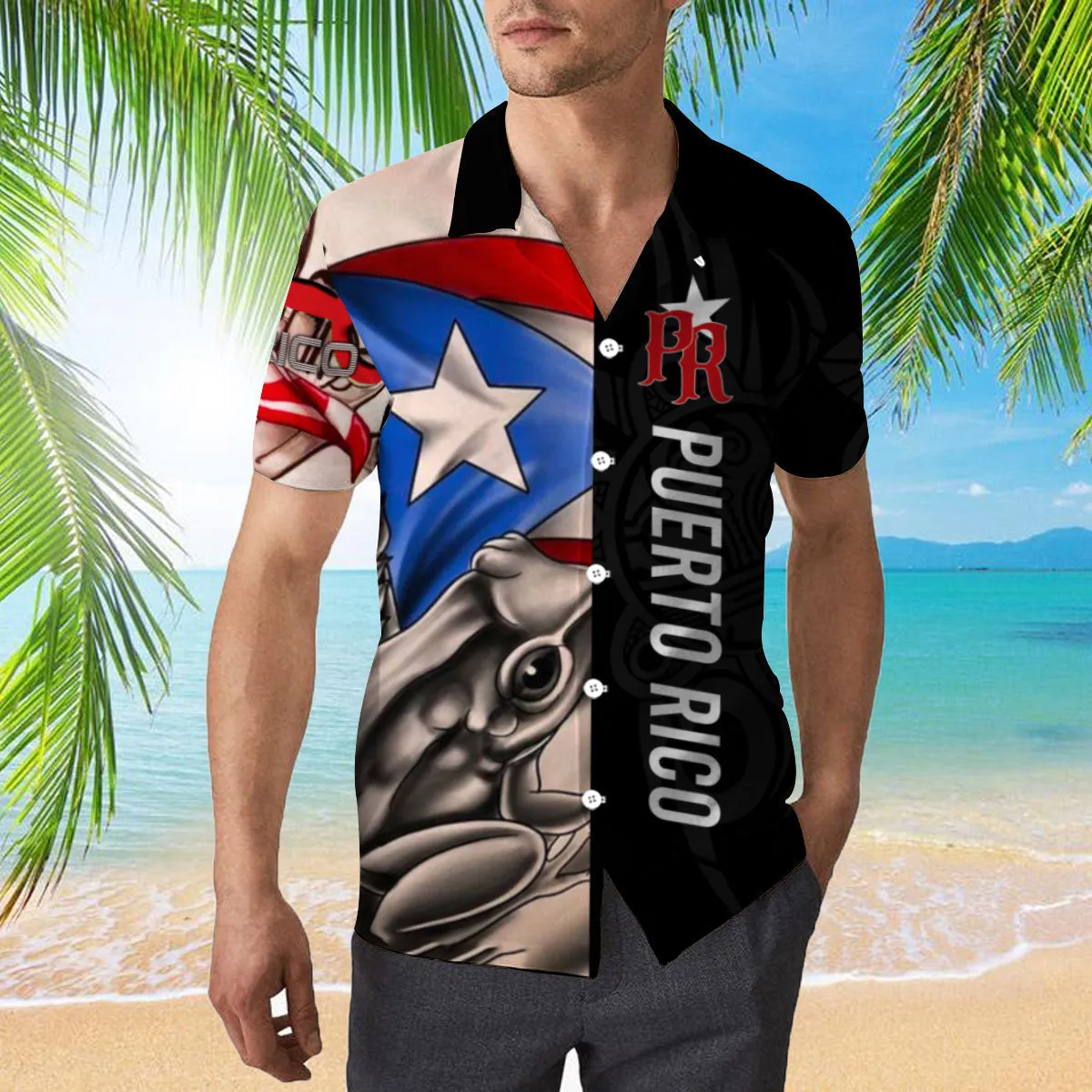 Puerto Rico Caribbean Frog Black Aloha Hawaiian Shirts For Men And For Women