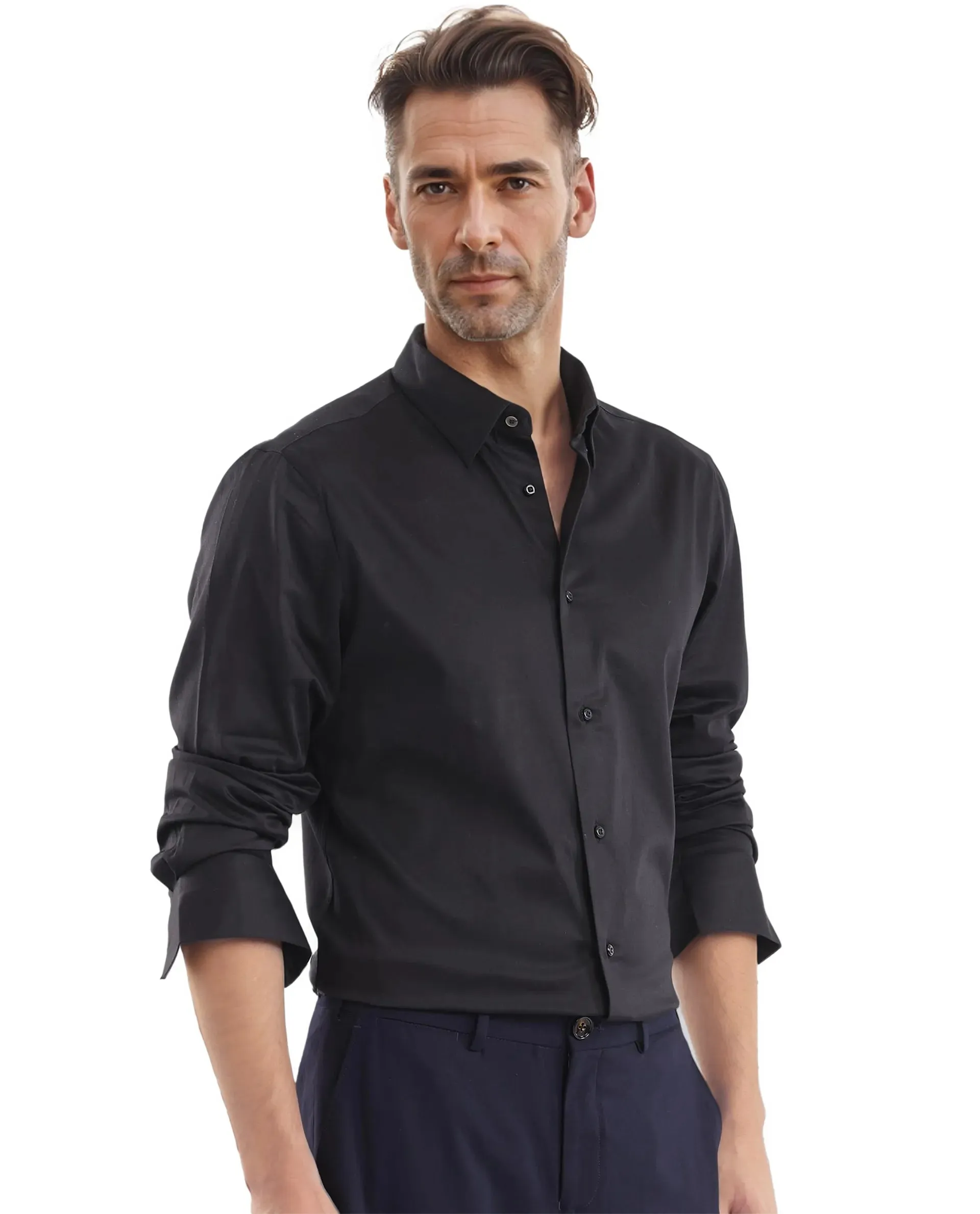 Rare Rabbit Men Como-25 Black Cotton Lycra Blend Fabric Full Sleeves Regular Collar Regular Fit Plain Shirt