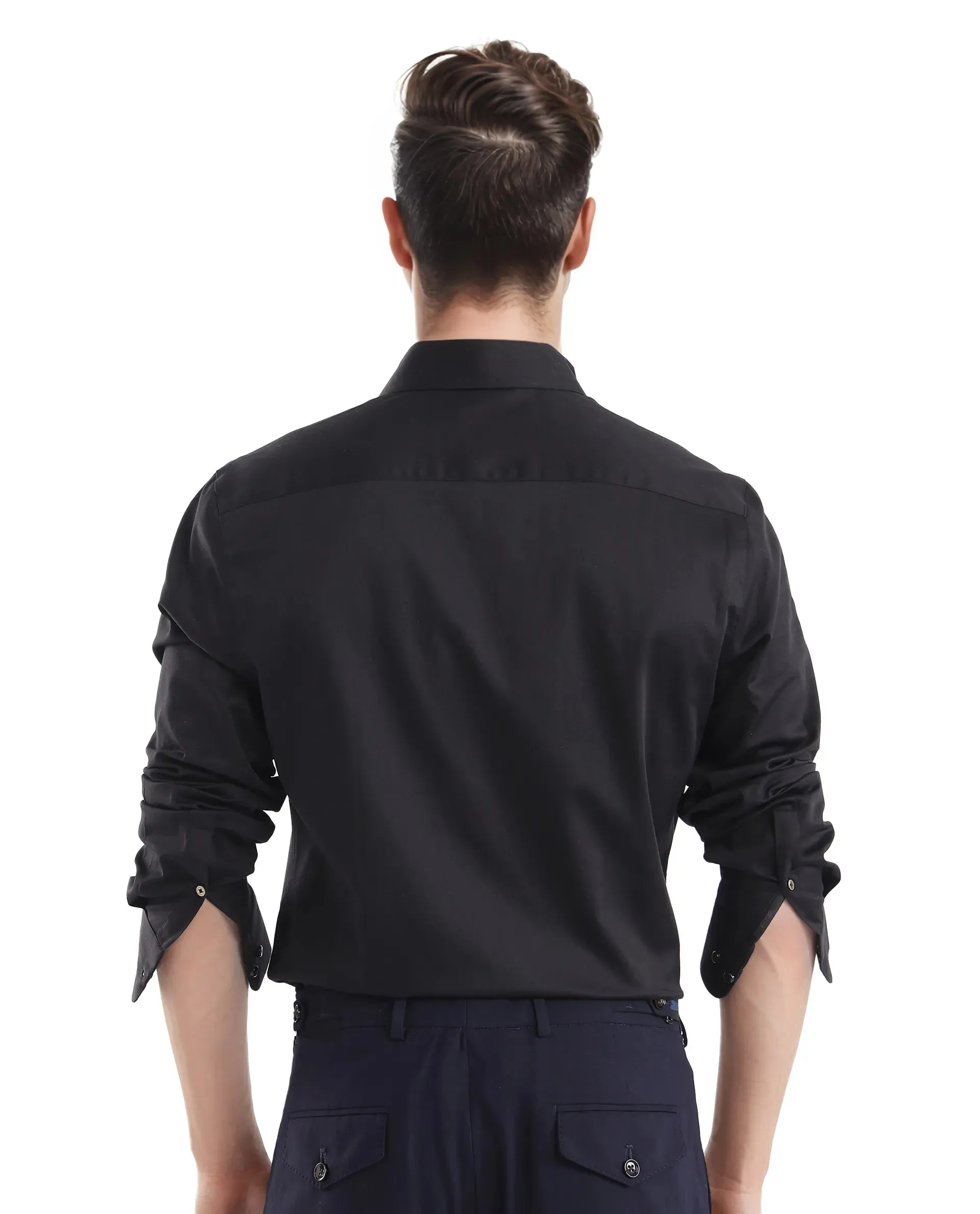 Rare Rabbit Men Como-25 Black Cotton Lycra Blend Fabric Full Sleeves Regular Collar Regular Fit Plain Shirt