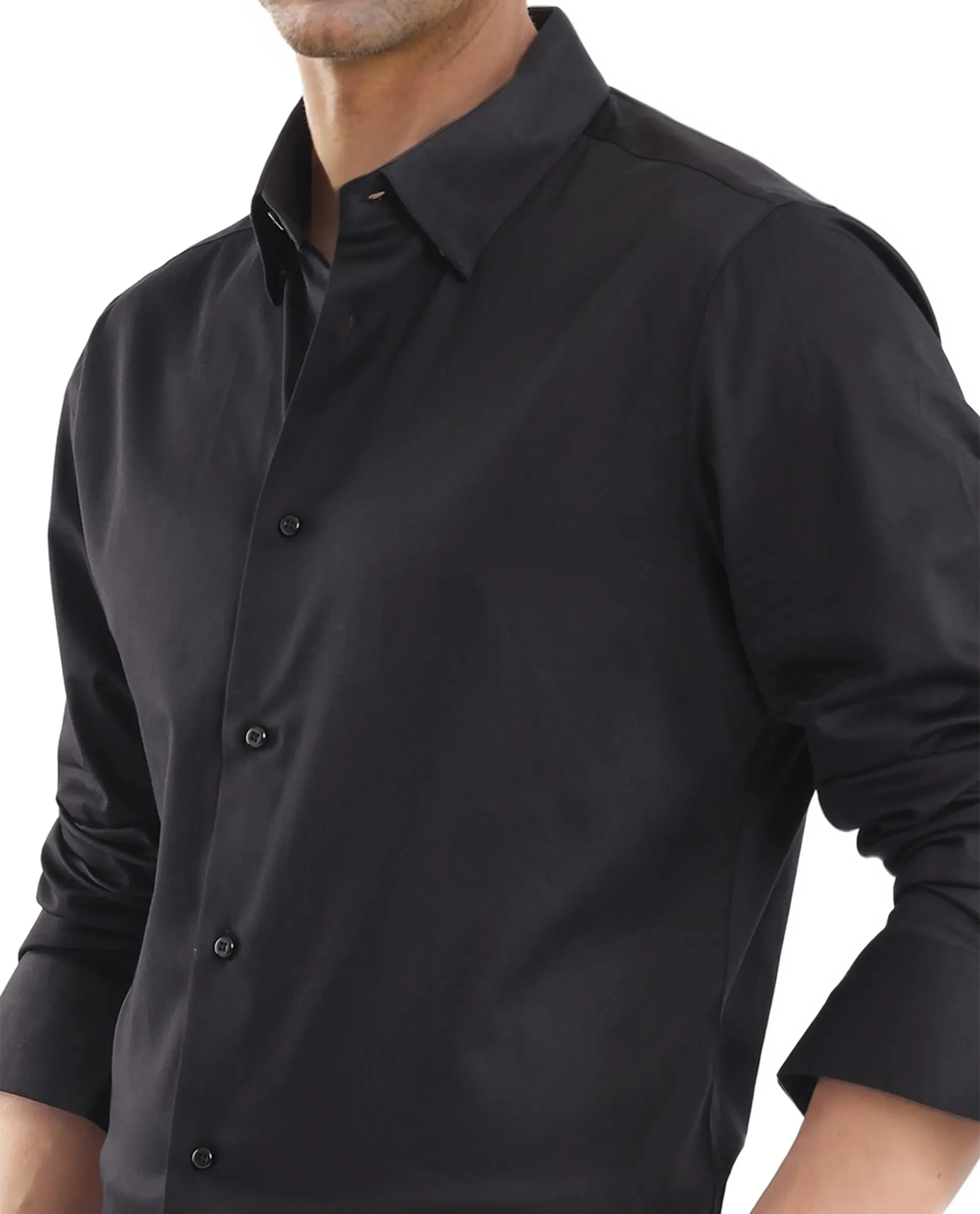 Rare Rabbit Men Como-25 Black Cotton Lycra Blend Fabric Full Sleeves Regular Collar Regular Fit Plain Shirt