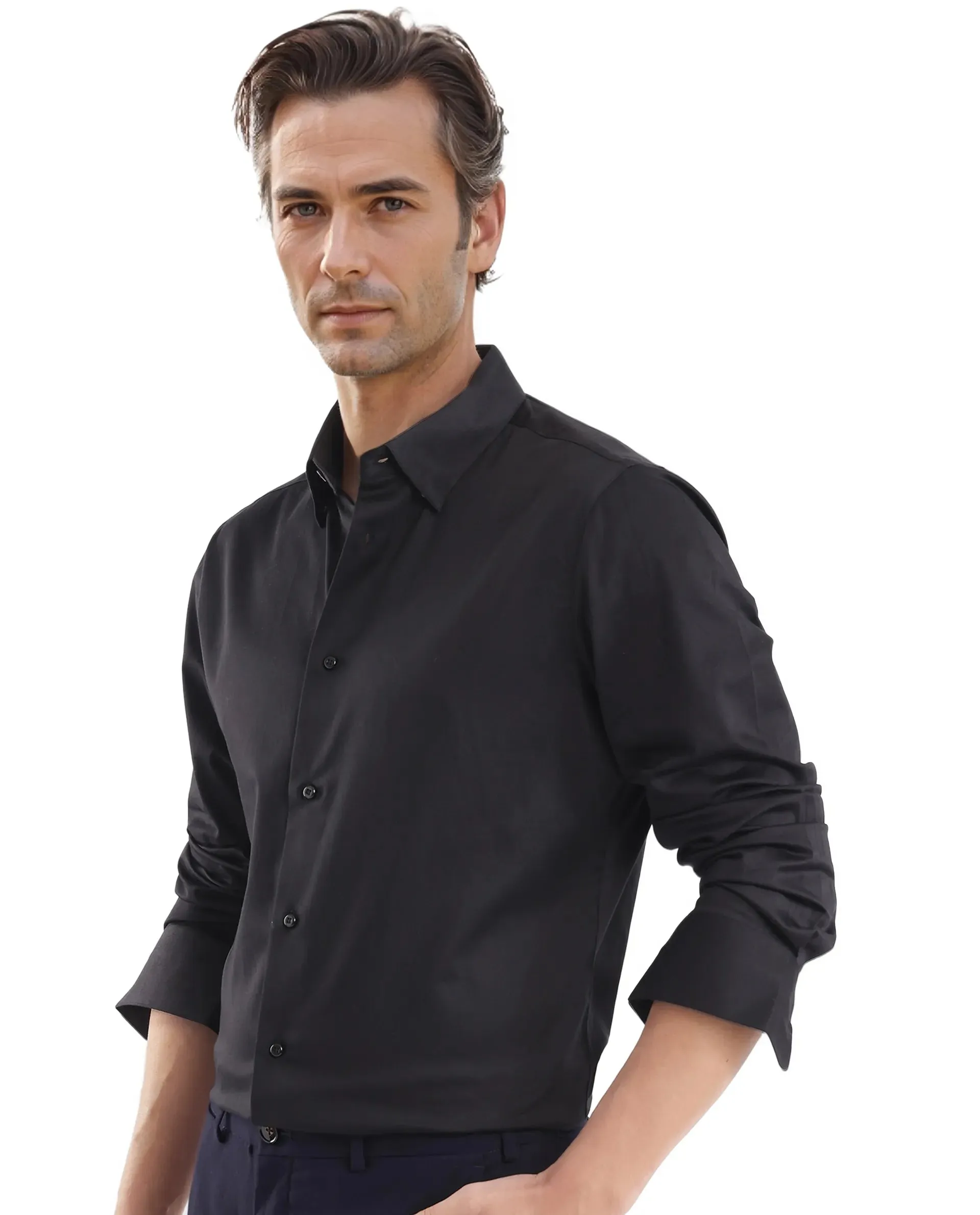 Rare Rabbit Men Como-25 Black Cotton Lycra Blend Fabric Full Sleeves Regular Collar Regular Fit Plain Shirt