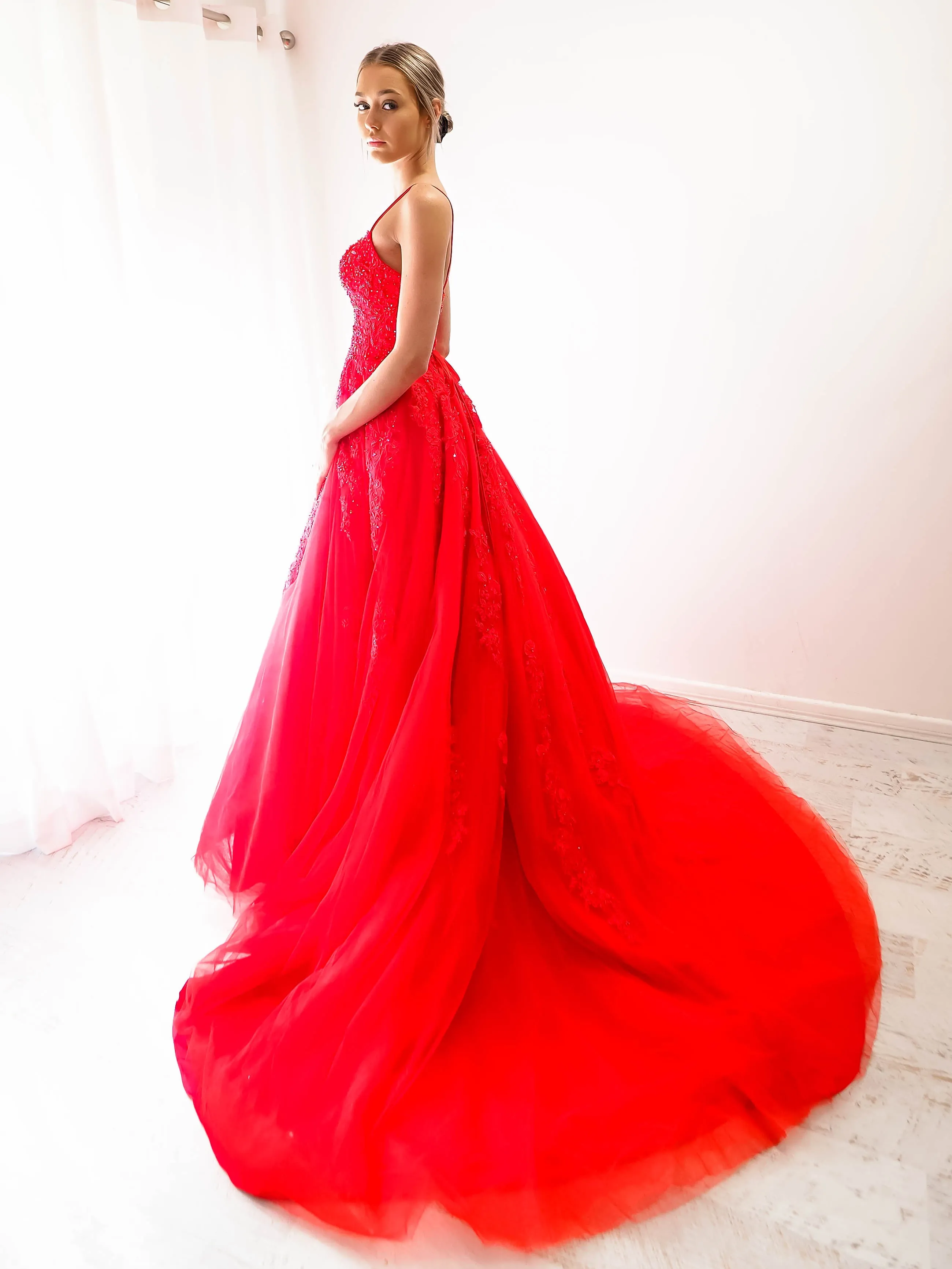 Red tulle princess dress for hire