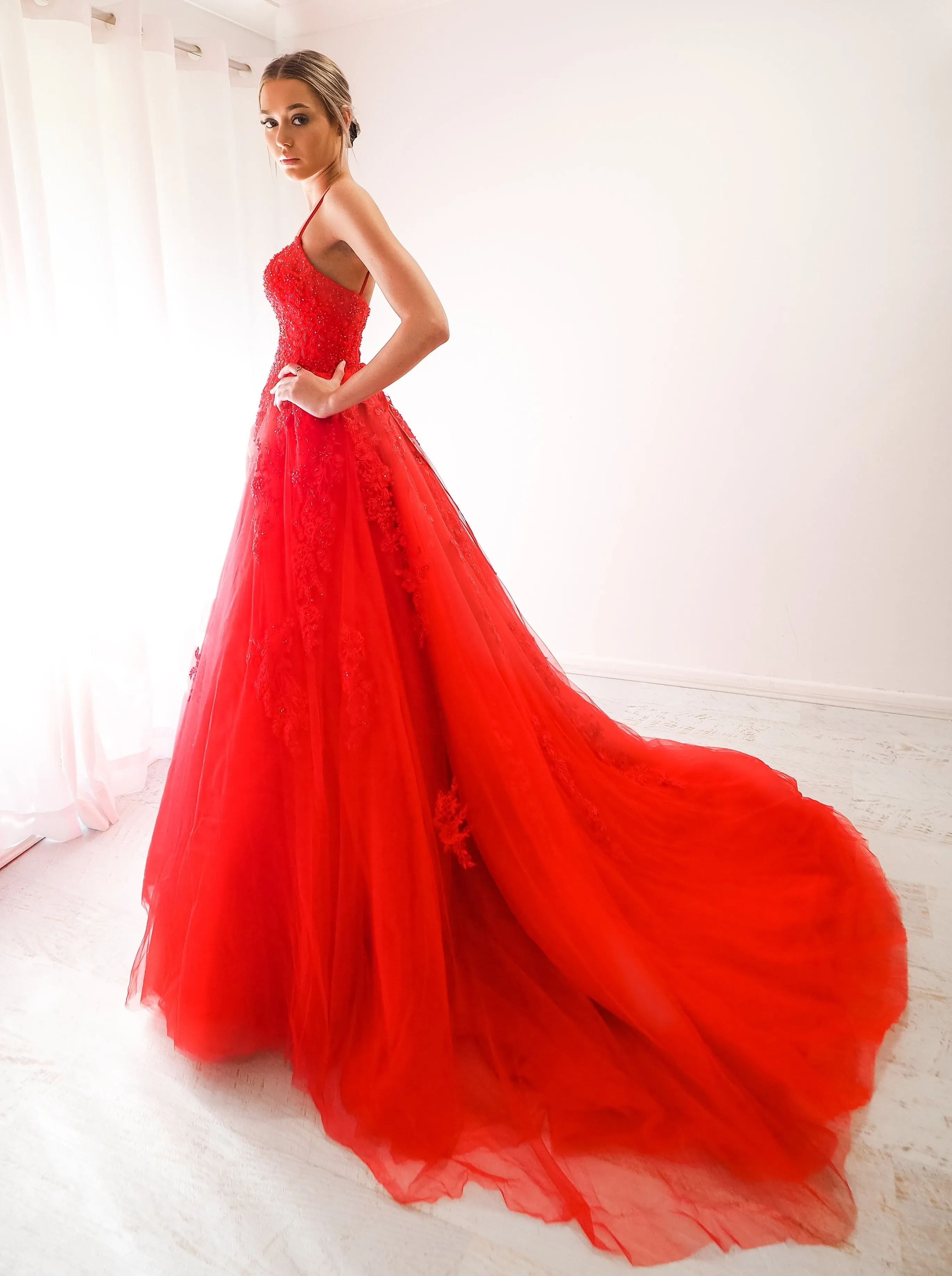 Red tulle princess dress for hire