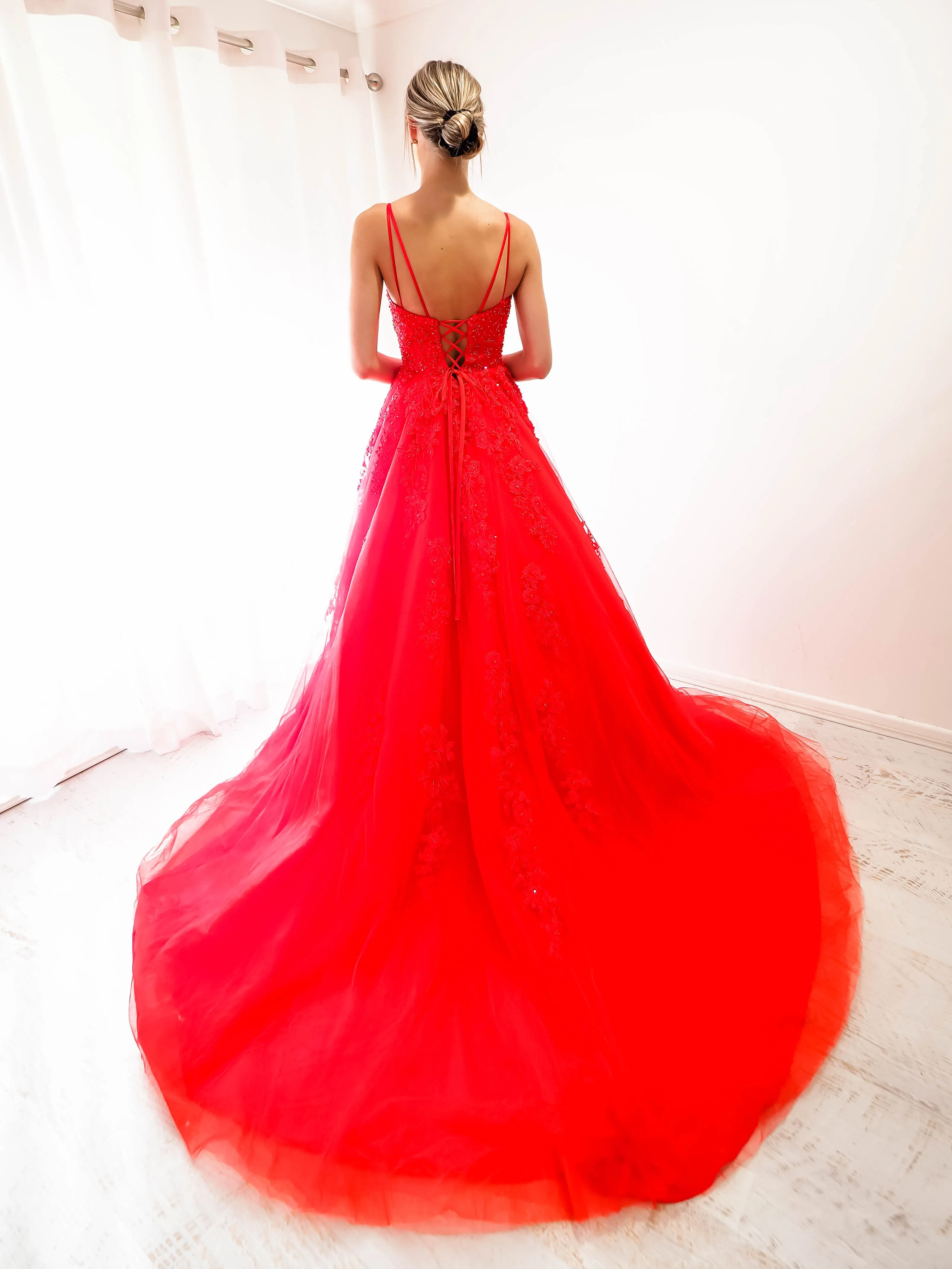 Red tulle princess dress for hire