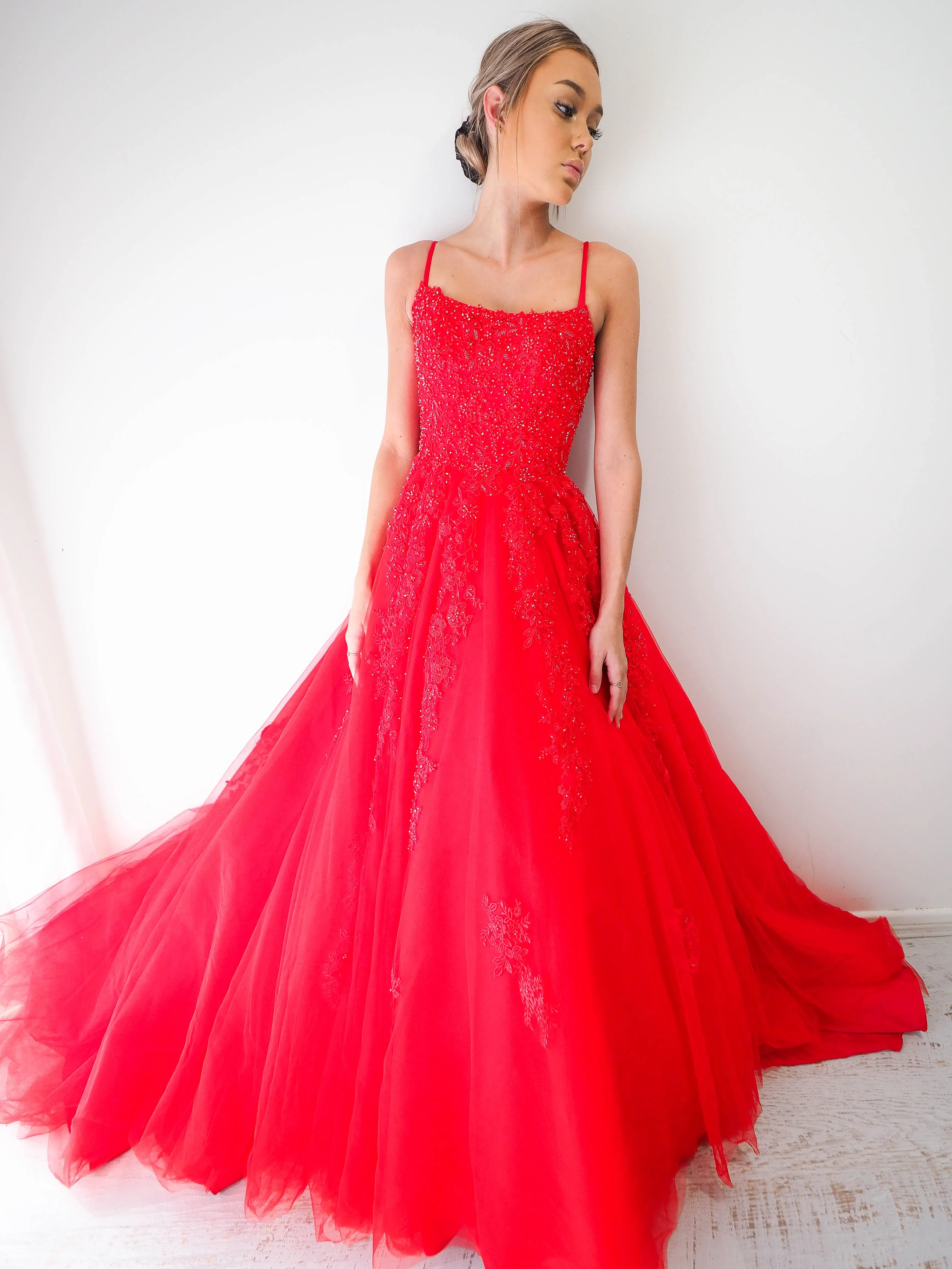 Red tulle princess dress for hire