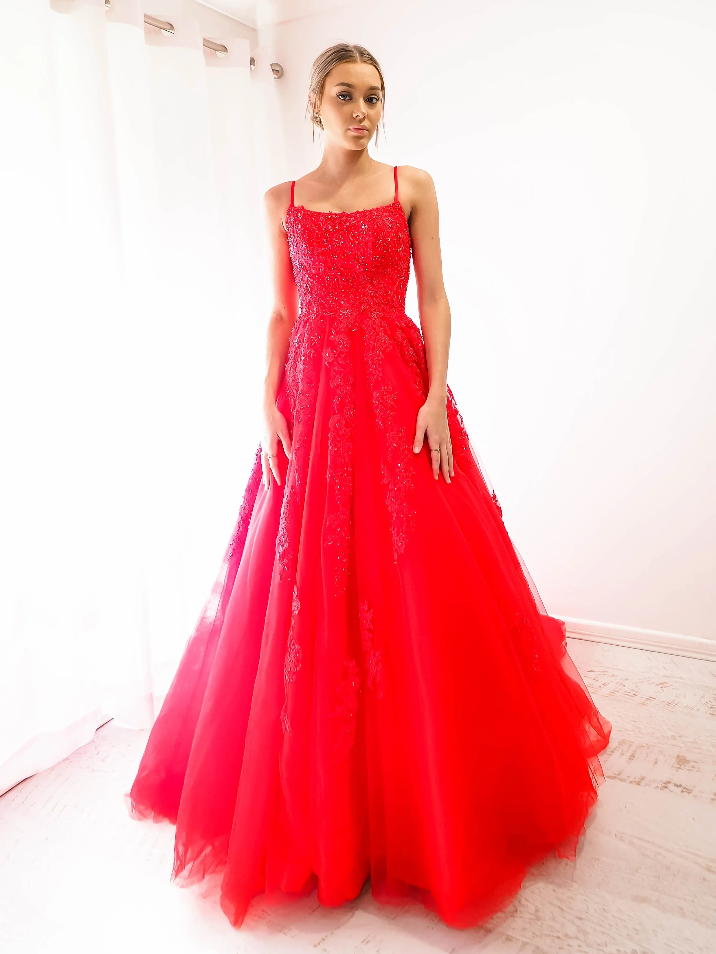 Red tulle princess dress for hire