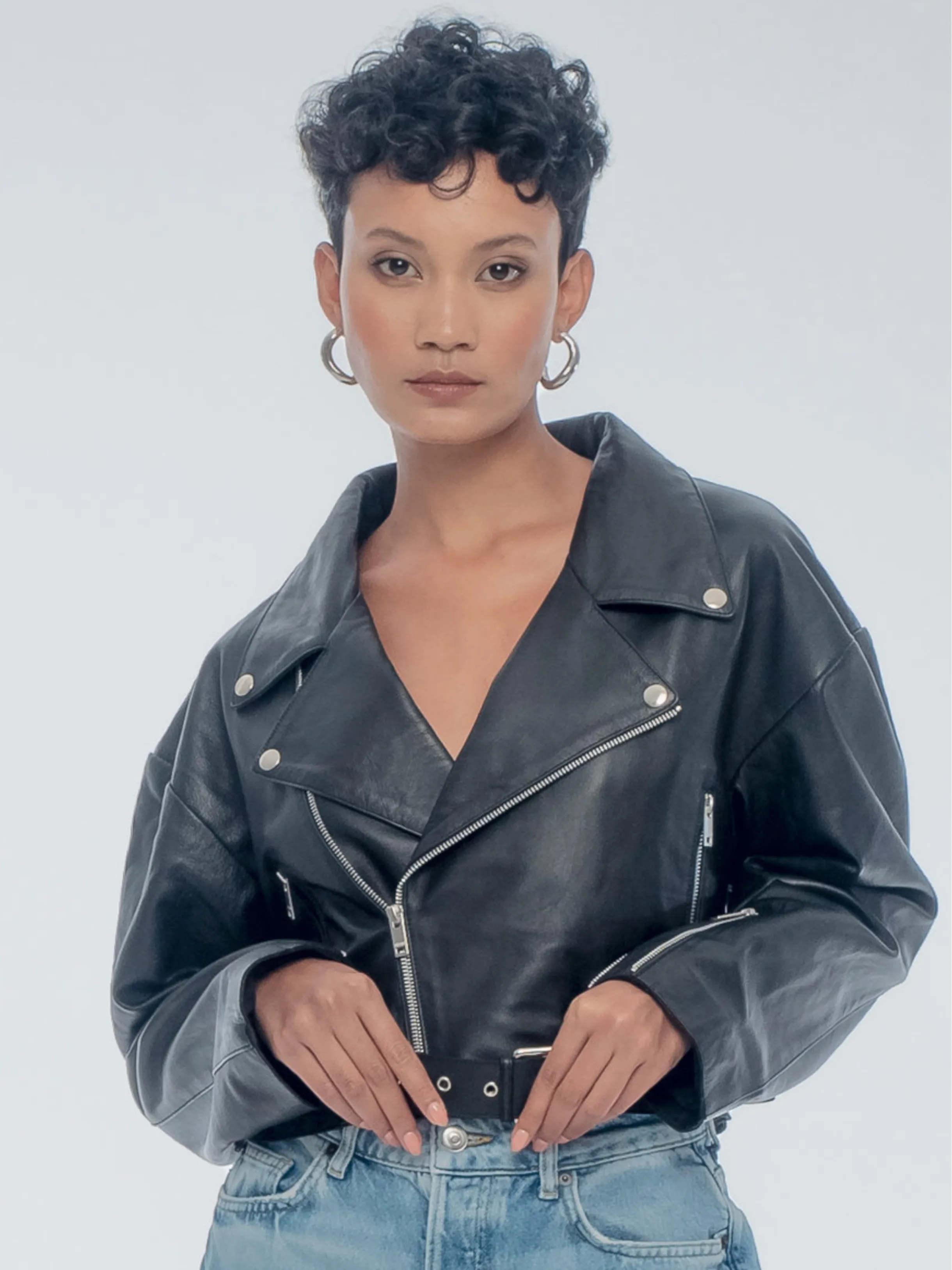 ROSA CROPPED LEATHER BIKER JACKET - BLACK