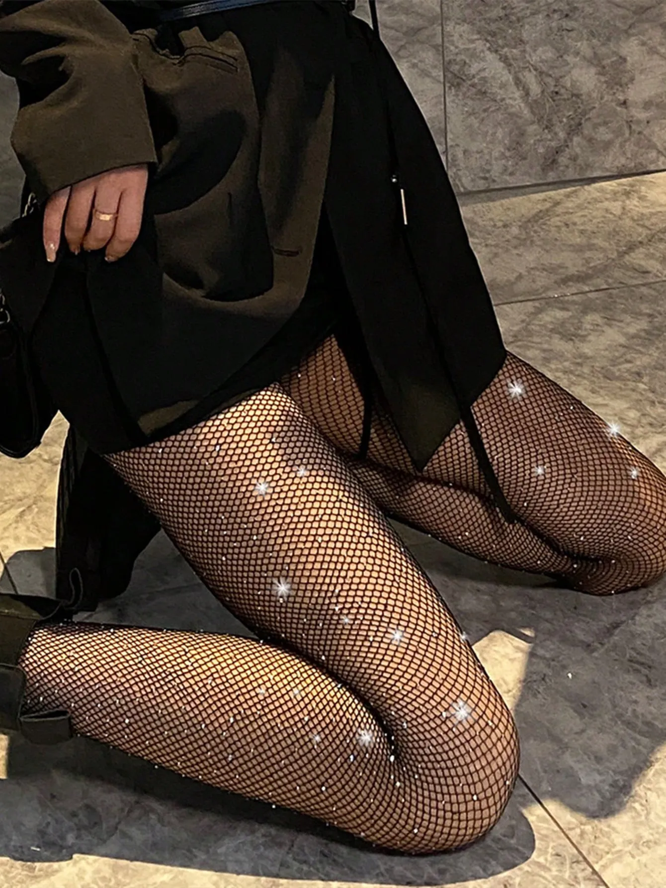 SHEIN 1pair Rhinestone Fishnet Thigh High Stockings For Women (Excluding Underwear)