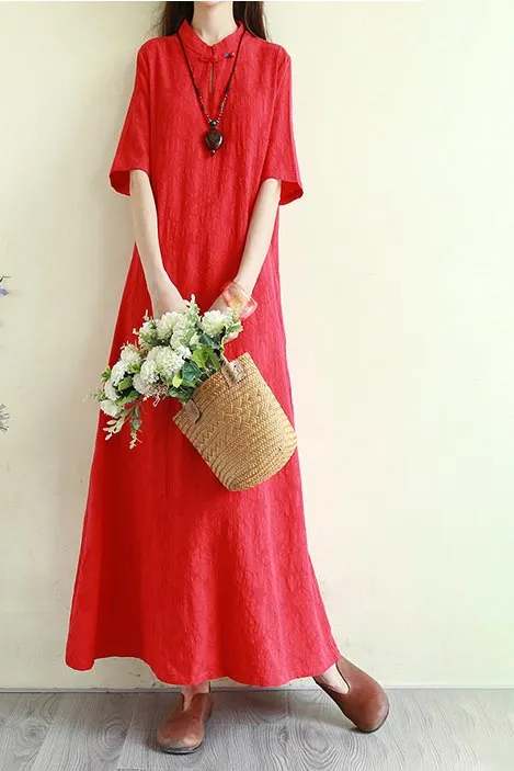 summer loose linen long dress with half sleeve and mockneck CYM333