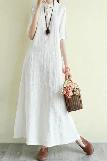 summer loose linen long dress with half sleeve and mockneck CYM333