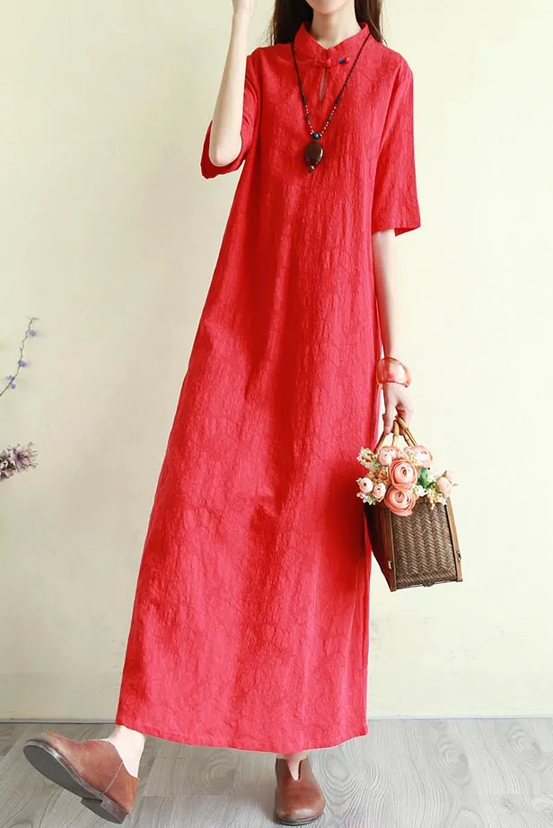 summer loose linen long dress with half sleeve and mockneck CYM333