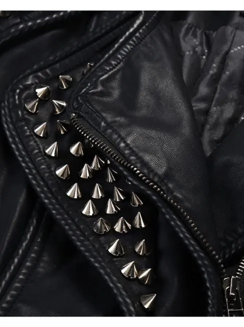 Trendy Silver Spiky Studded Black Leather Jacket for Women