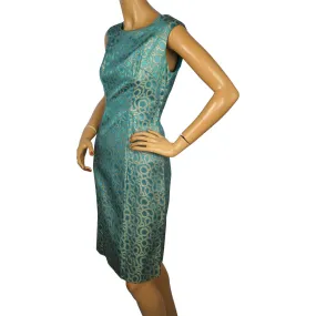 Vintage 1960s Bombshell Dress in Blue Satin with Metallic Gold Lamé Size Medium