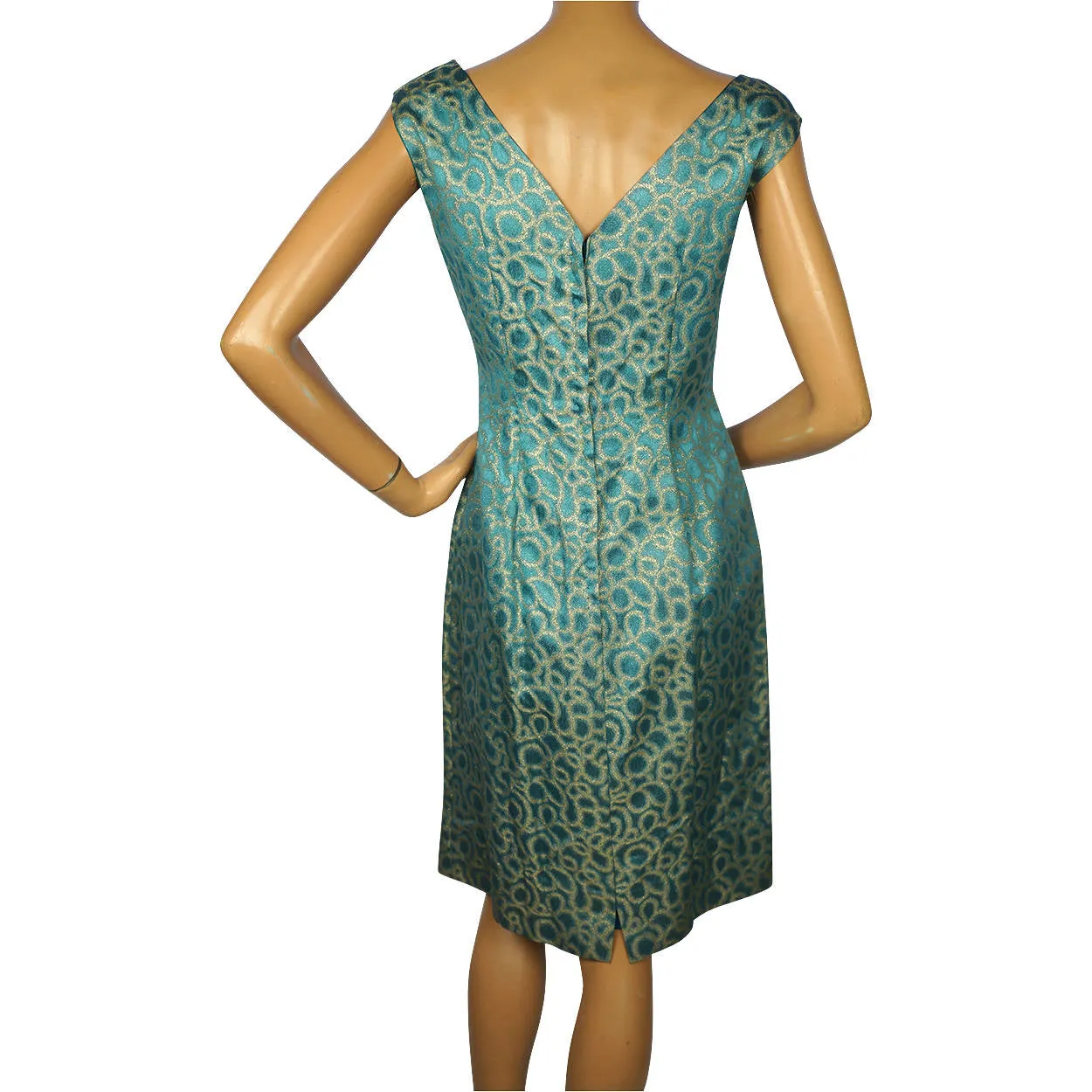 Vintage 1960s Bombshell Dress in Blue Satin with Metallic Gold Lamé Size Medium