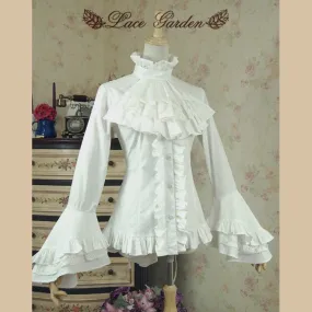 Vintage White/Black High Low Blouse Long Flare Sleeve Ruffled Gothic Victorian Shirt for Women by Lace Garden