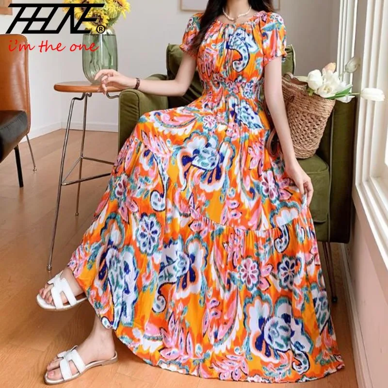 Women Summer Floral Printed Short Sleeves Long Maxi Vintage  Dress - WD8043