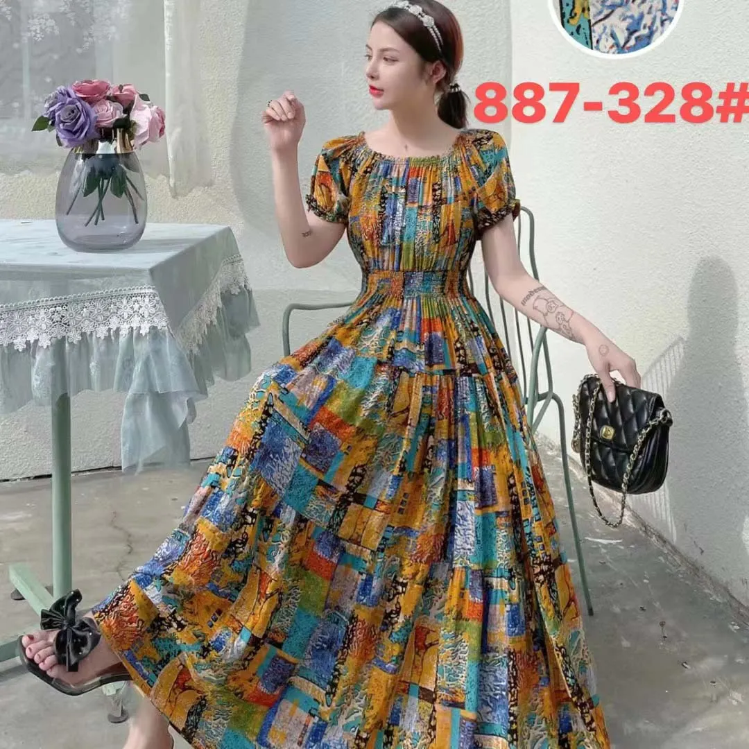 Women Summer Floral Printed Short Sleeves Long Maxi Vintage  Dress - WD8043