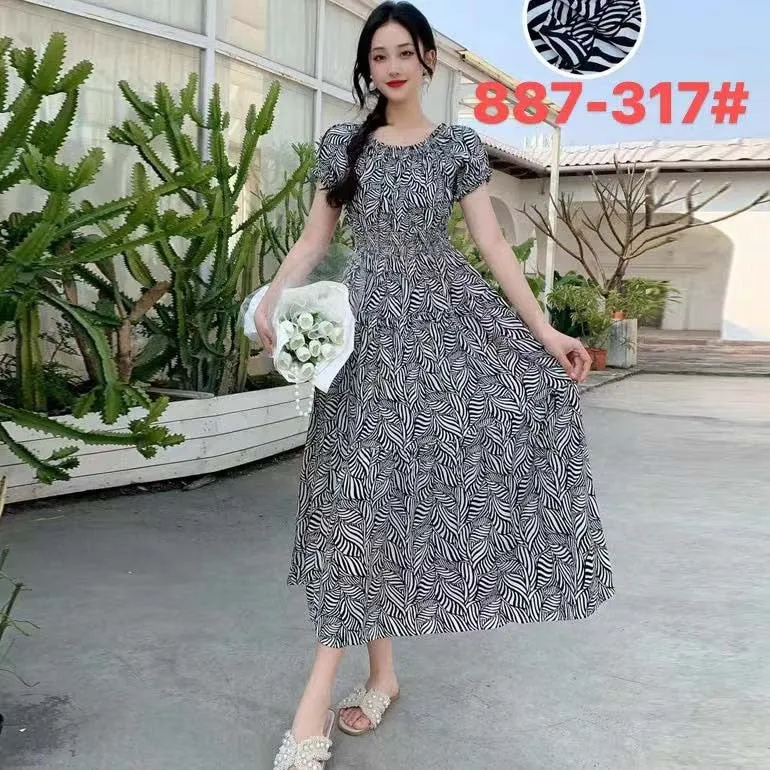 Women Summer Floral Printed Short Sleeves Long Maxi Vintage  Dress - WD8043