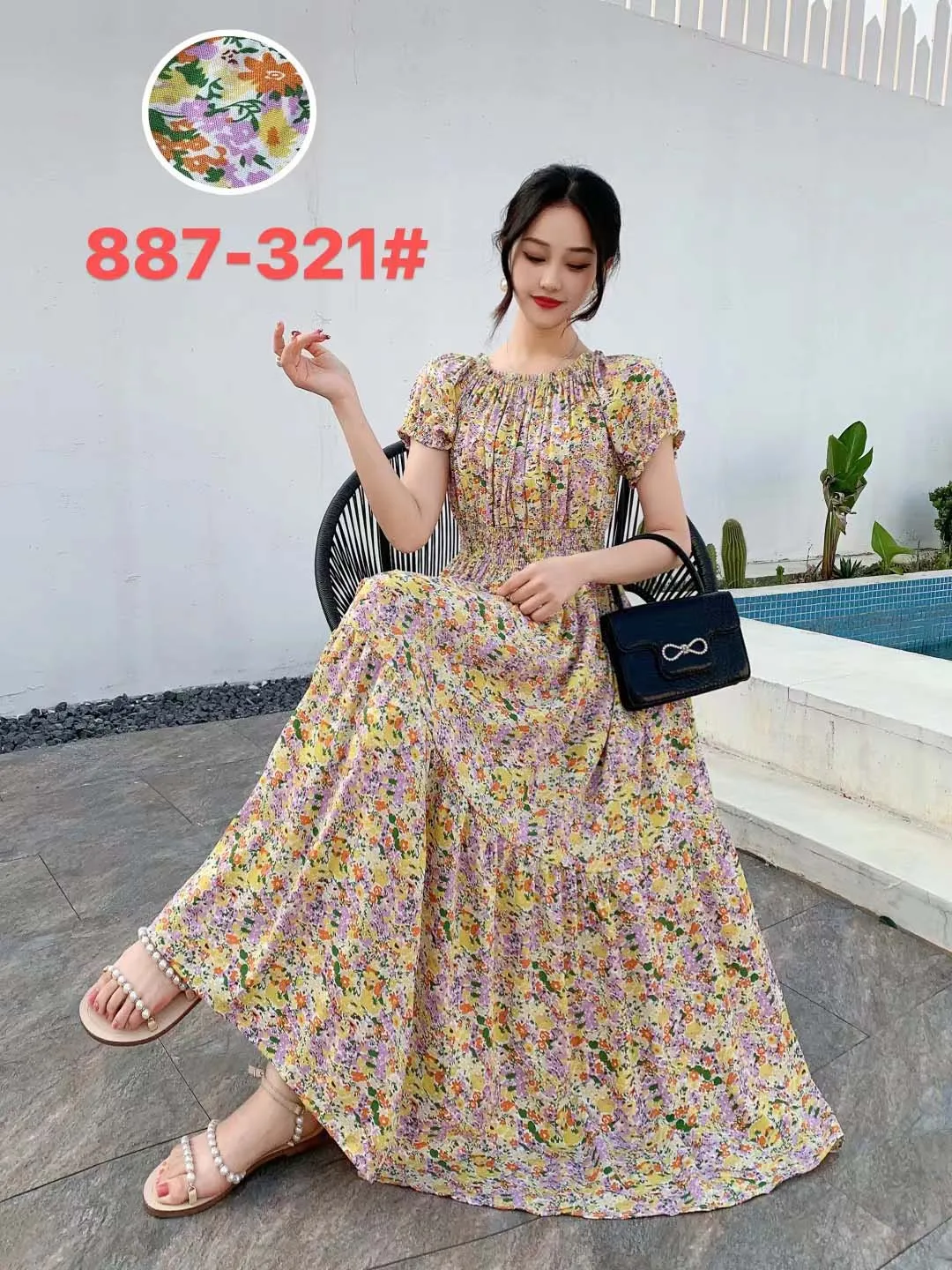 Women Summer Floral Printed Short Sleeves Long Maxi Vintage  Dress - WD8043